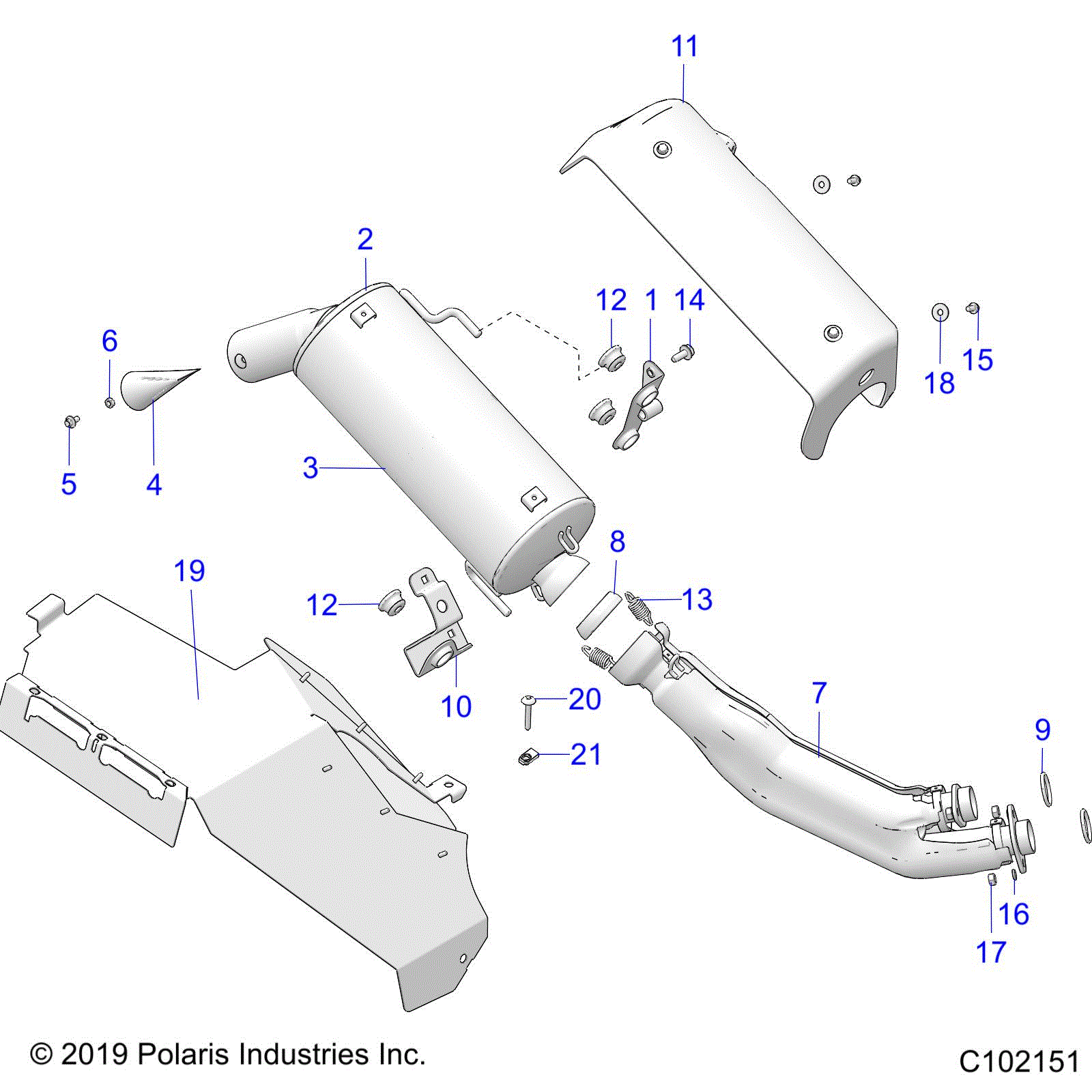 An Image of a Genuine Polaris Parts Schematic Diagram showing the schematic - ENGINE: EXHAUST - 2020 POLARIS SPORTSMAN XP 1000 / XP 1000 HUNTER EDITION 48"