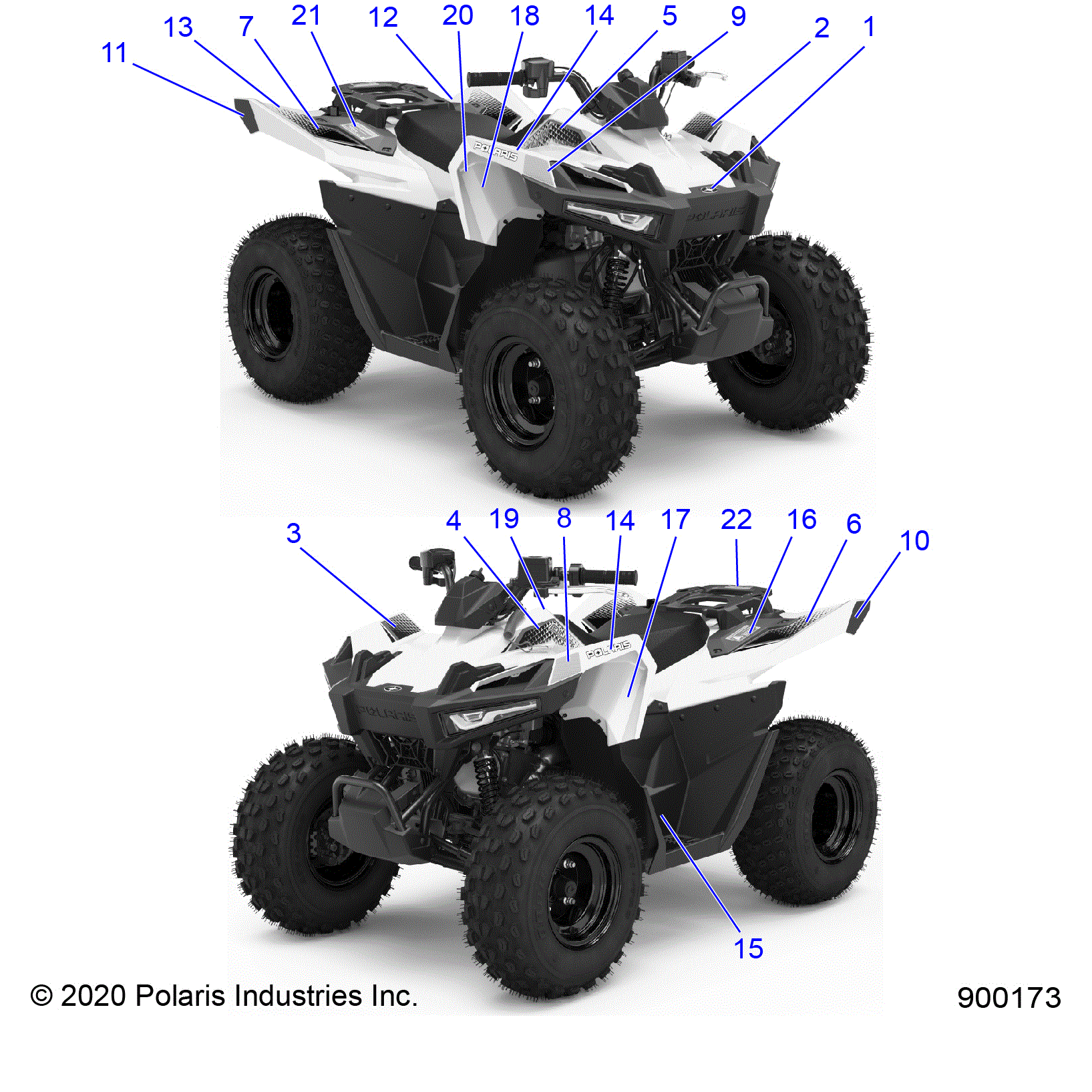 An Image of a Genuine Polaris Parts Schematic Diagram showing the schematic - BODY: DECALS/REFLECTORS - 2021 POLARIS OUTLAW 70