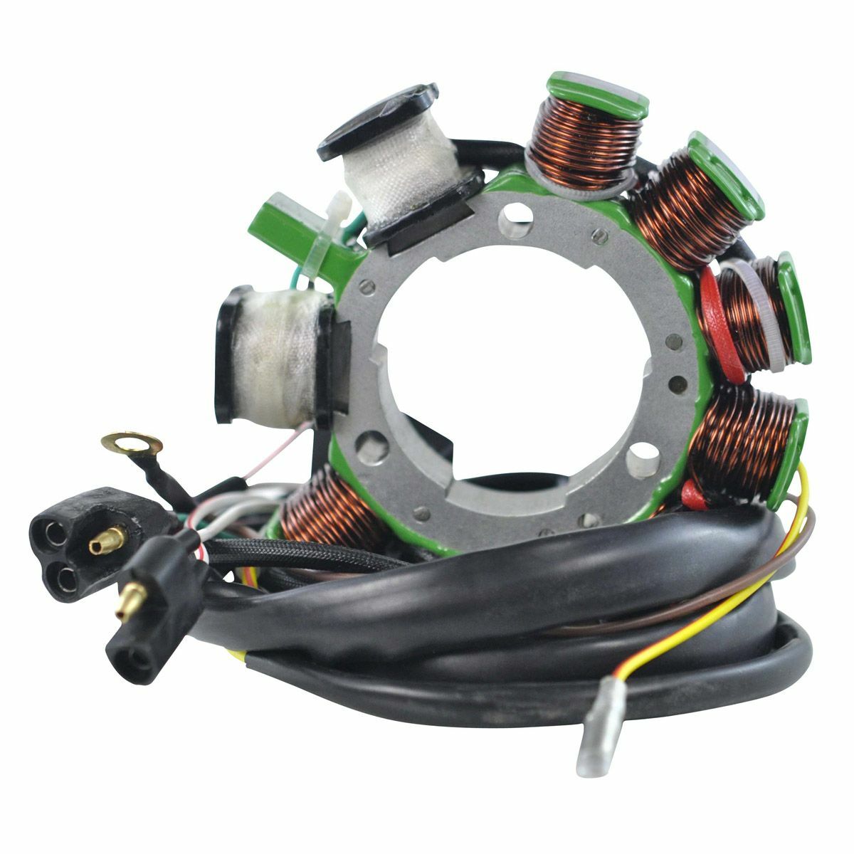 Circular stator coil with copper wiring mounted on a gray metal frame, featuring attached black wiring harness and.