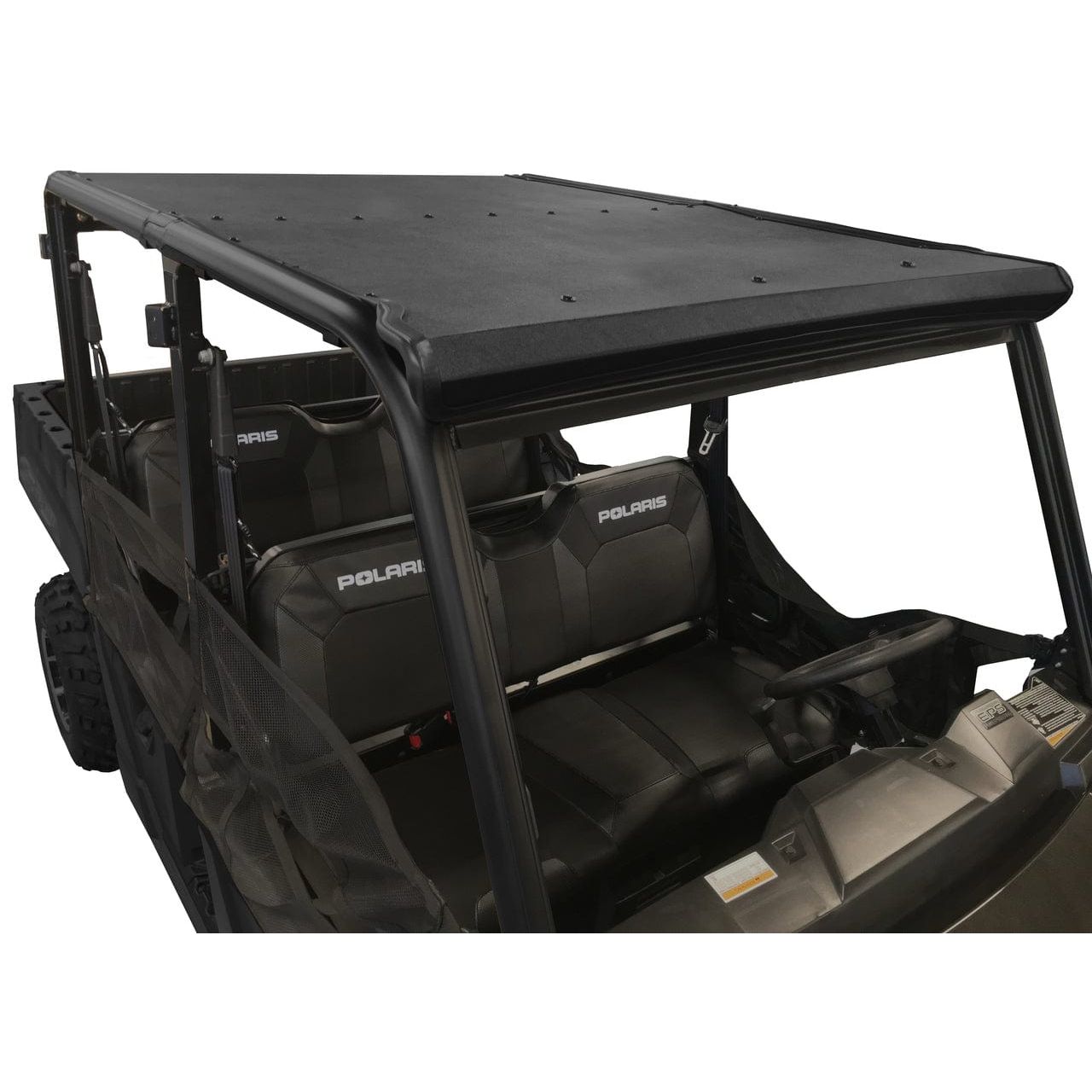 The Polaris Ranger 4 Seat (Mid-Size) Crew ABS Plastic Hard Roof by Spiike is a black utility vehicle roof designed for off-road use, fitting four seats and compatible with OEM windshields for a watertight seal.