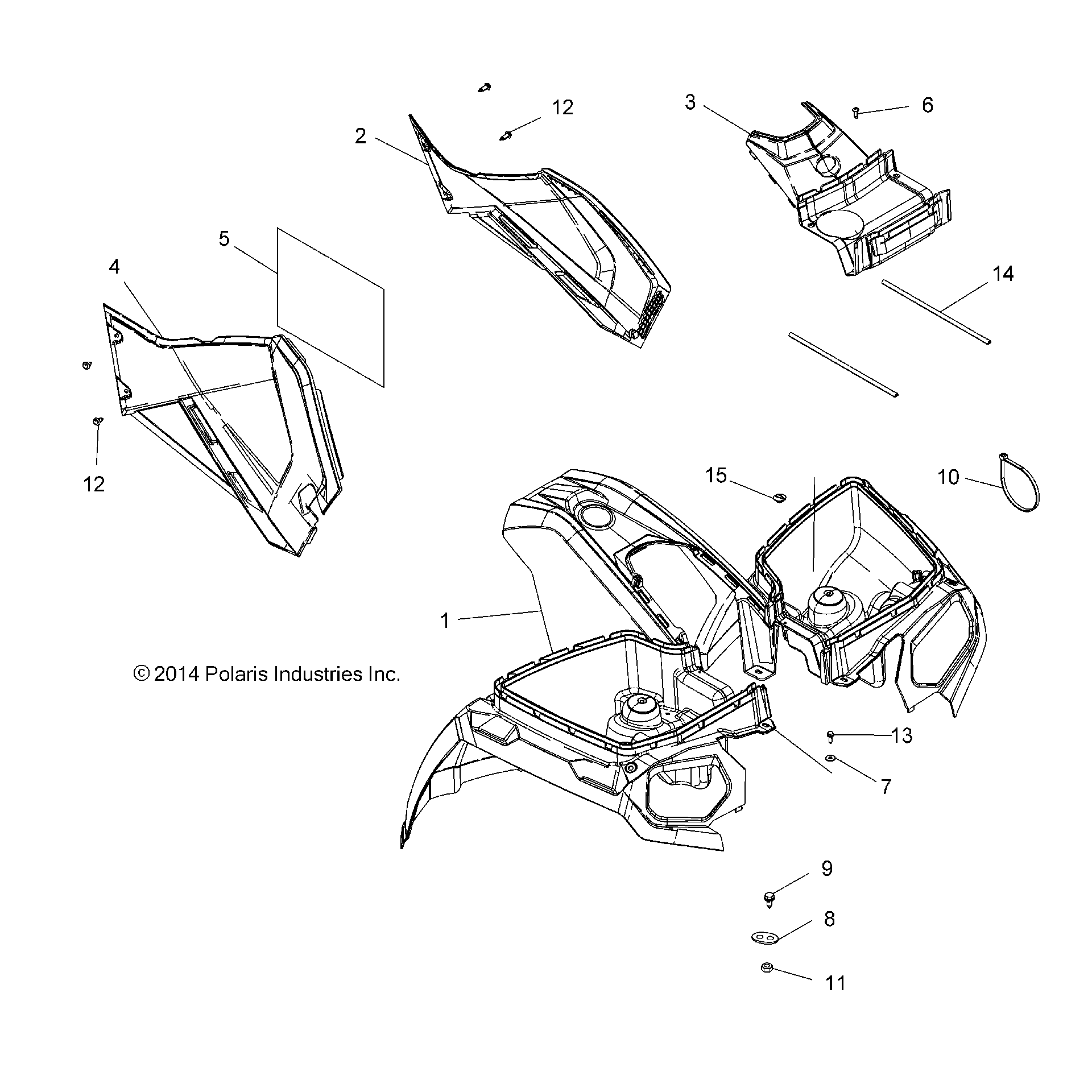 An Image of a Genuine Polaris Parts Schematic Diagram showing the schematic - BODY: FRONT CAB and SIDE PANELS - 2015 POLARIS SPORTSMAN 570 SP
