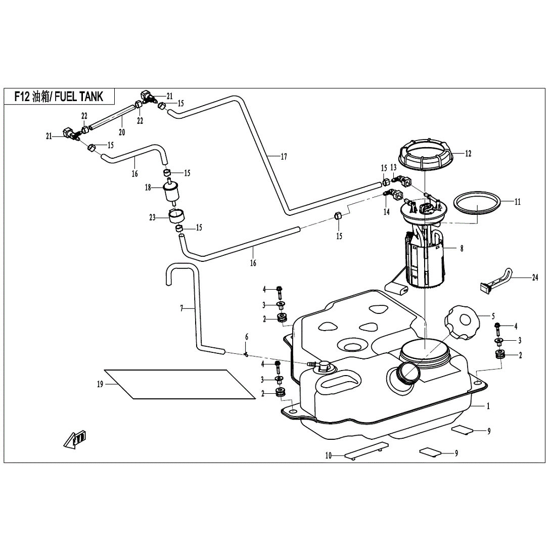 An Image of a Genuine CFMOTO Parts Schematic Diagram showing the schematic - FUEL TANK - 2021 CFMOTO ZFORCE 800 EX