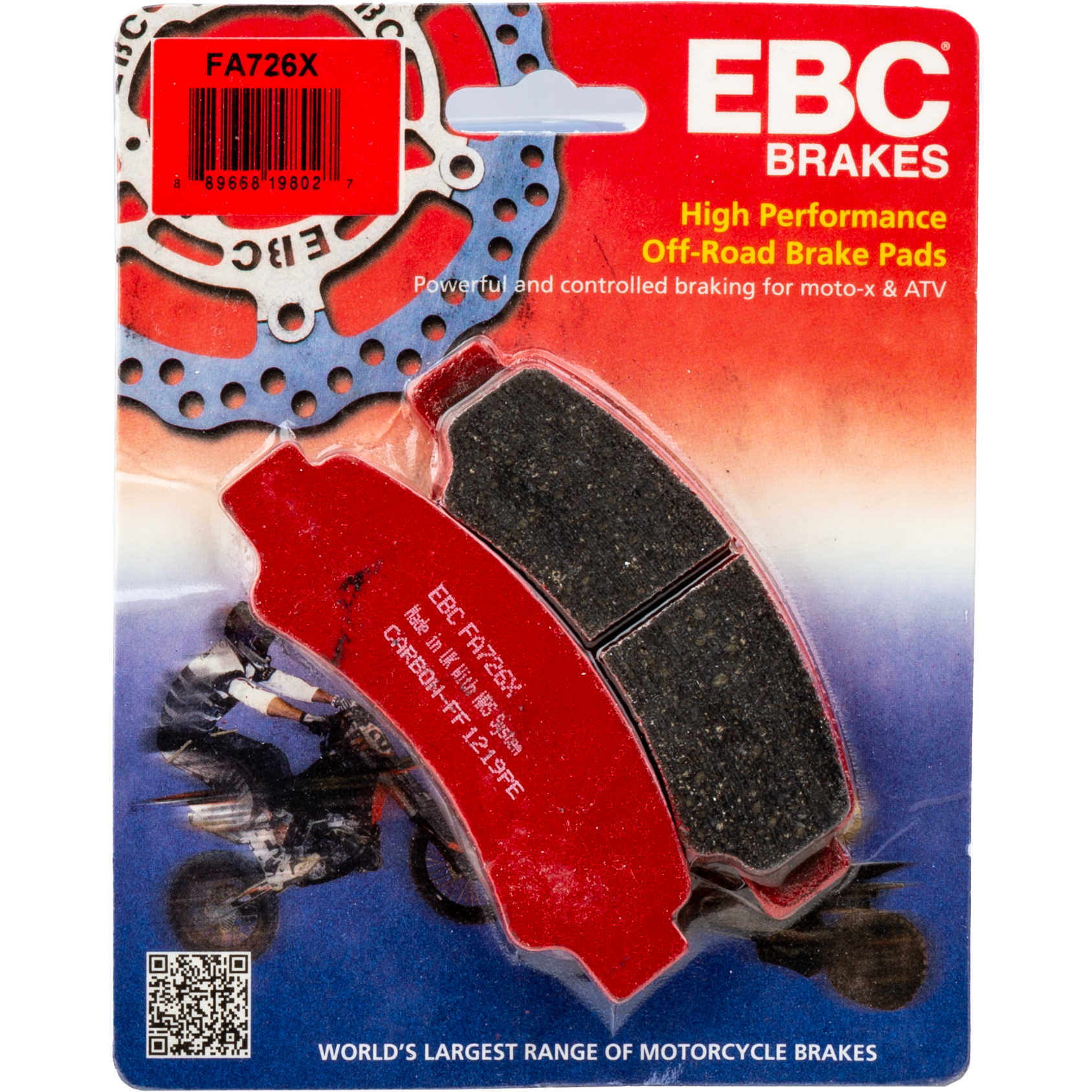 Red and black FA726X Carbon X Series off-road brake pads by EBC with textured friction surface and mounting holes.