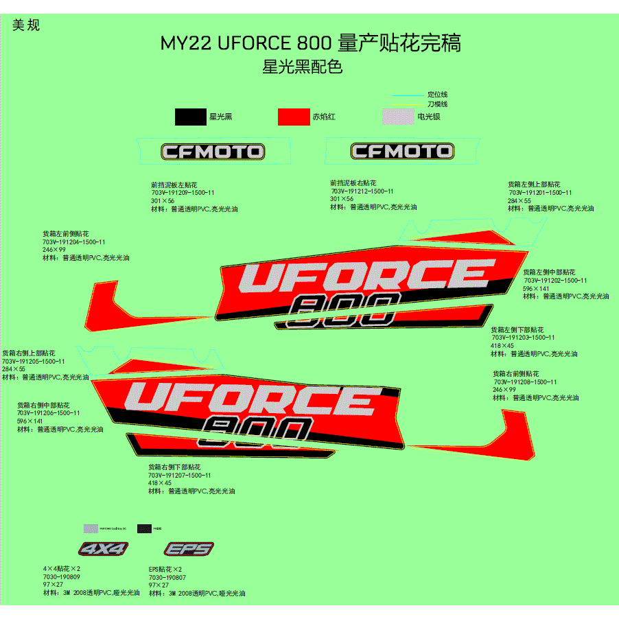 An Image of a Genuine CFMOTO Parts Schematic Diagram showing the schematic - DECAL KIT (NEBULA BLACK) - 2022 CFMOTO UFORCE 800