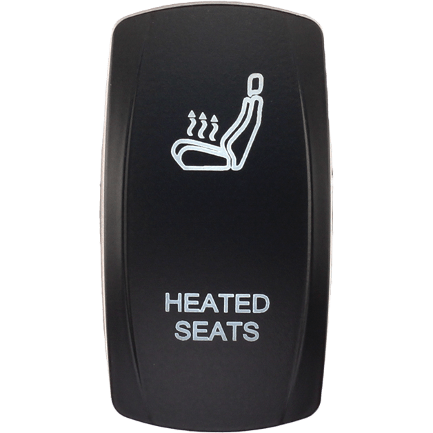 The Dash Switch Rocker Face Heated Seats by XTC Power features a black button with a white seat icon and wavy heat lines, labeled HEATED SEATS in white text below the icon.