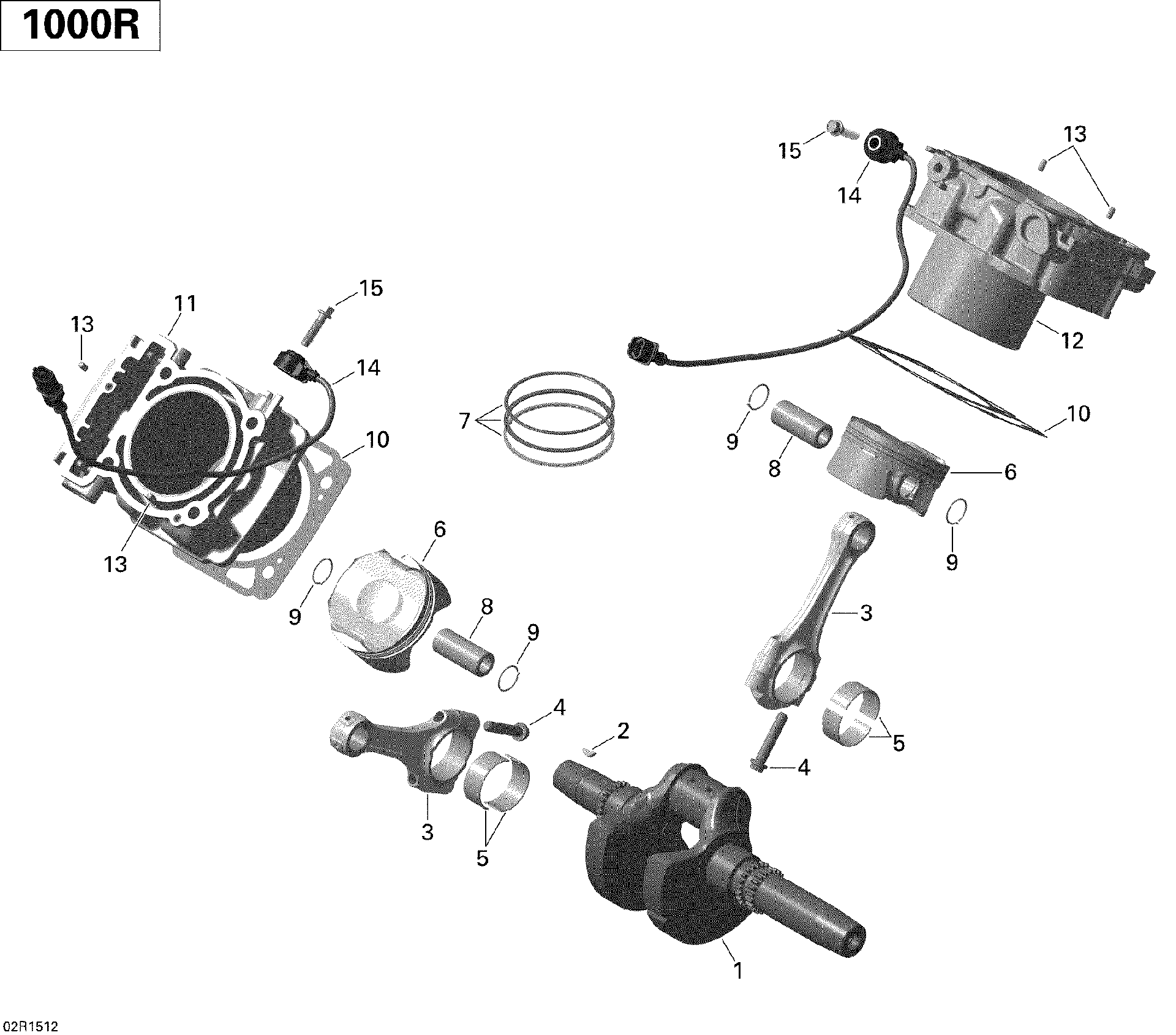 An Image of a Genuine Can-Am Parts Schematic Diagram showing the schematic - CRANKSHAFT PISTON AND CYLINDER _02R1512