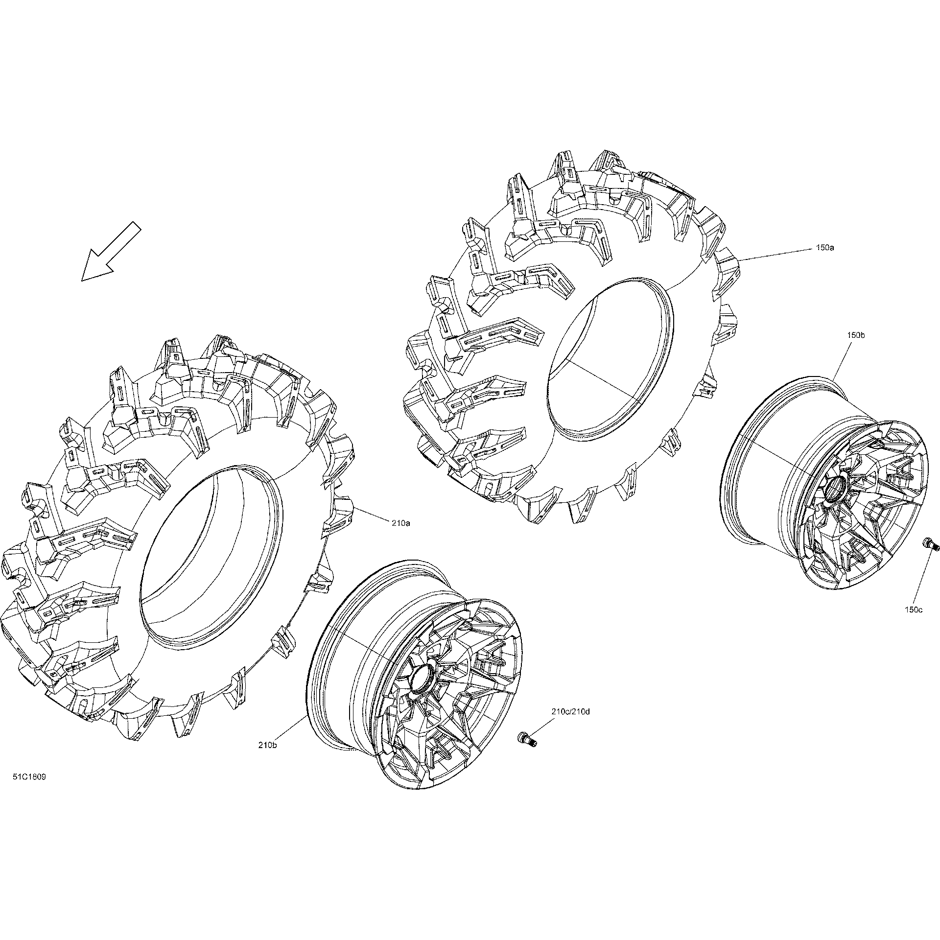 An Image of a Genuine Can-Am Parts Schematic Diagram showing the schematic - WHEELS AND TIRES DEFENDER - PACKAGE X MR