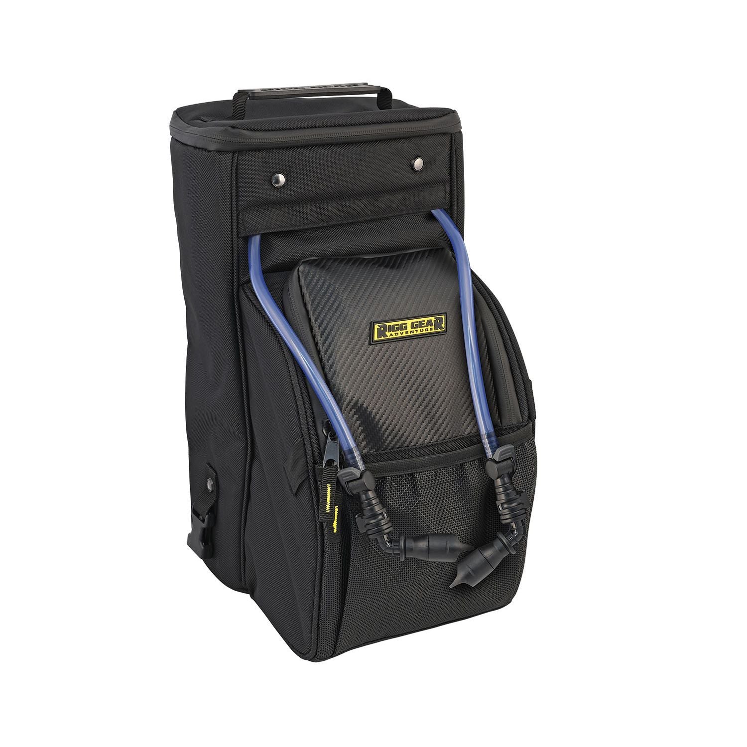 The Rigg Gear UTV Hydration/Storage Bag by Nelson Rigg is a black, rectangular tool bag with a top handle, universal self-fastening straps, multiple zippered compartments—including an insulated one—and a front pocket for tools.