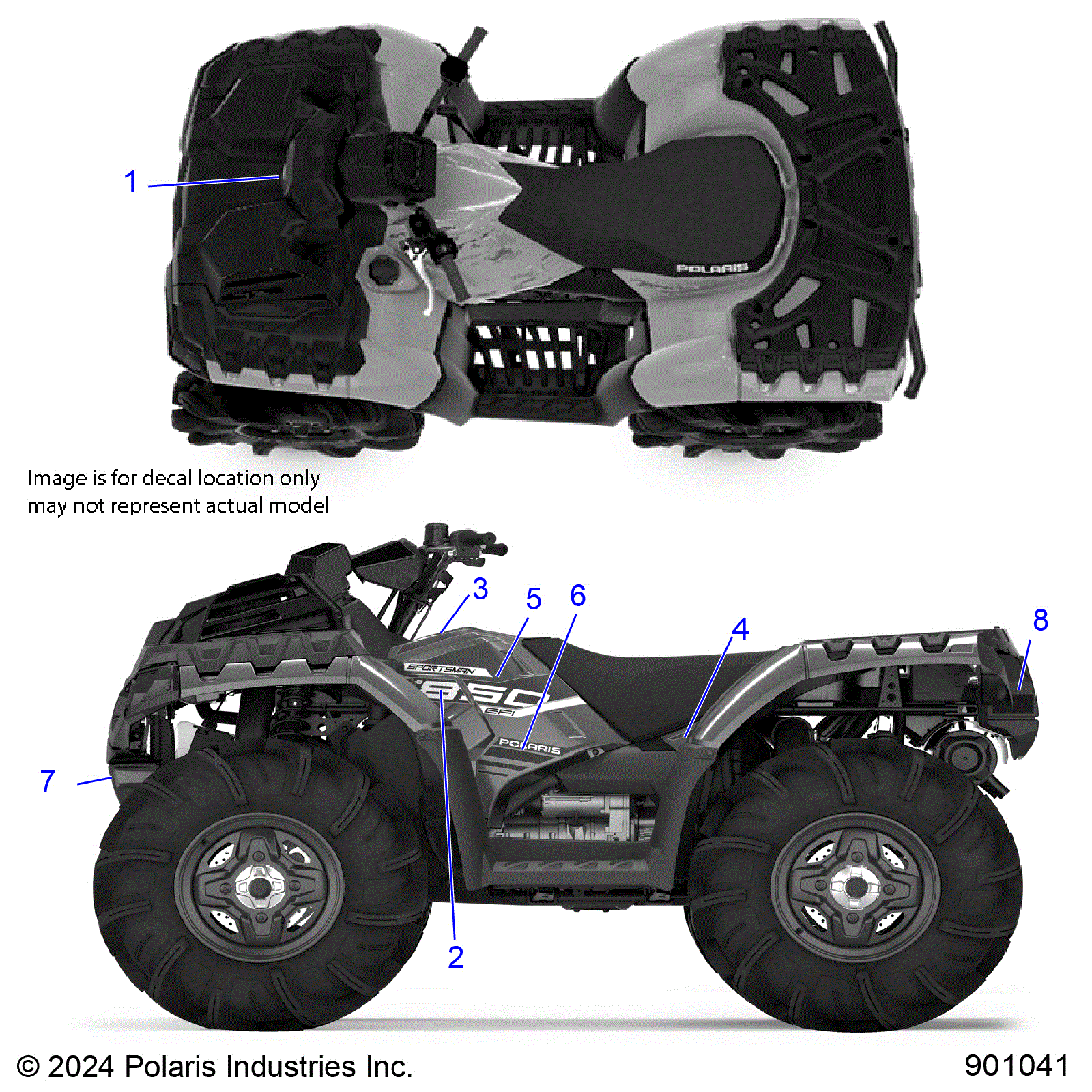 An Image of a Genuine Polaris Parts Schematic Diagram showing the schematic - BODY: DECALS GRAPHIC - 2025 POLARIS SPORTSMAN 850 MUD 49S