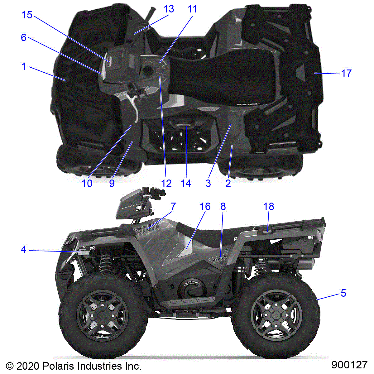 An Image of a Genuine Polaris Parts Schematic Diagram showing the schematic - BODY: DECALS - 2020 POLARIS SPORTSMAN 570 PREMIUM/PREMIUM LE