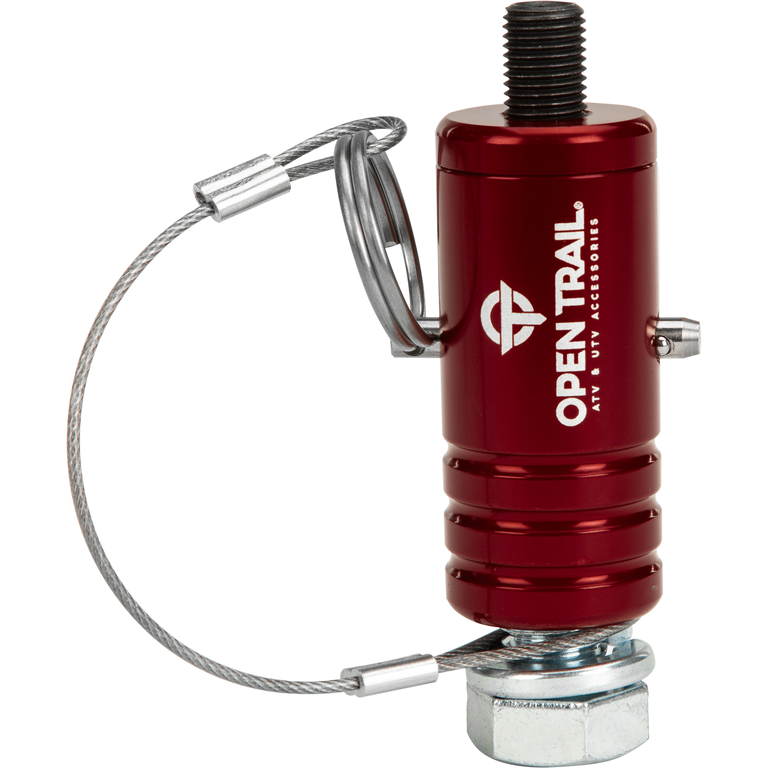The Quick-Release Whip Mount Red by Open Trail is a red, cylindrical ATV/UTV accessory made from tough 6061 aluminum, featuring a metal cable, ridged grip, and threaded top for easy mounting.