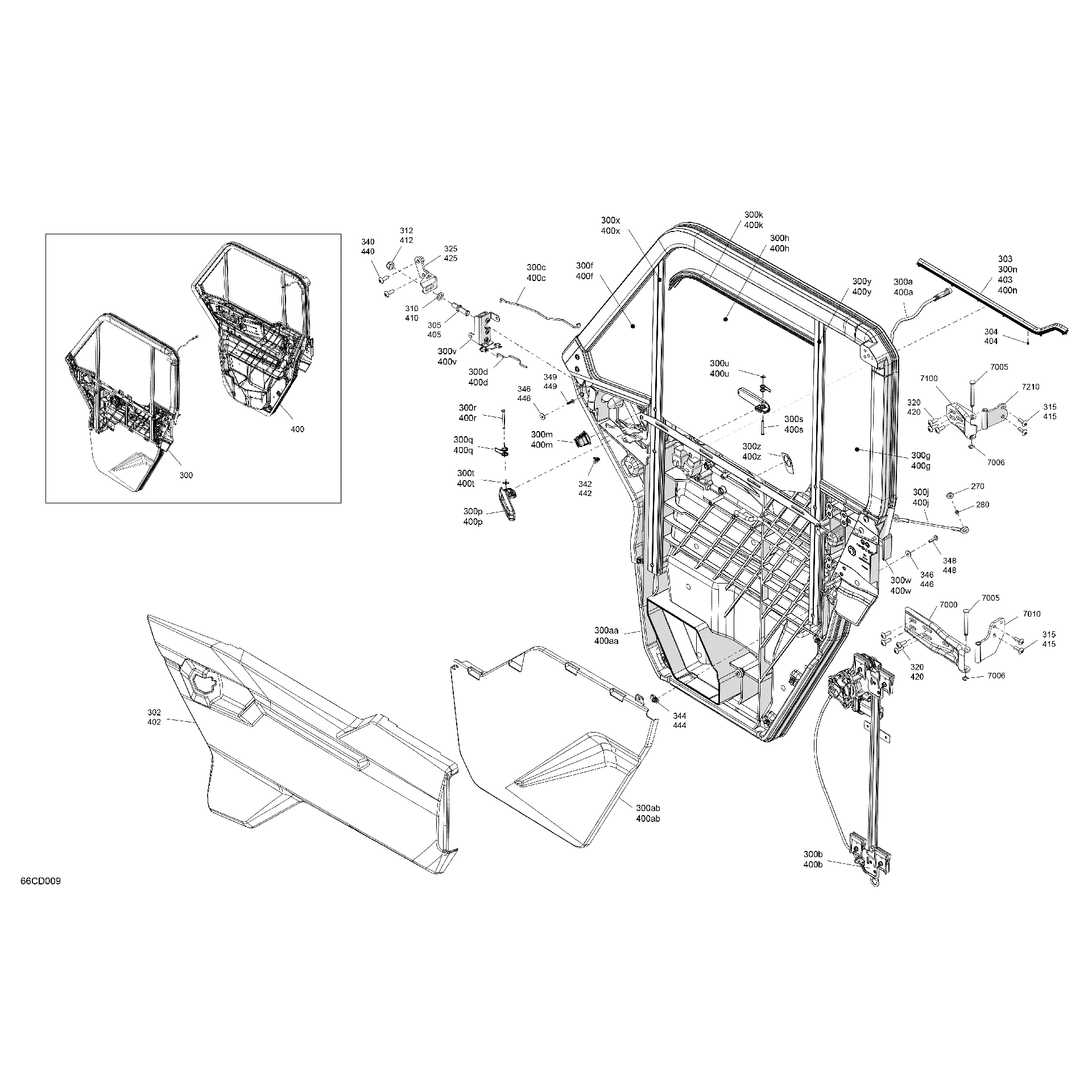 An Image of a Genuine Can-Am Parts Schematic Diagram showing the schematic - ENCLOSURE CAB - FRONT DOORS
