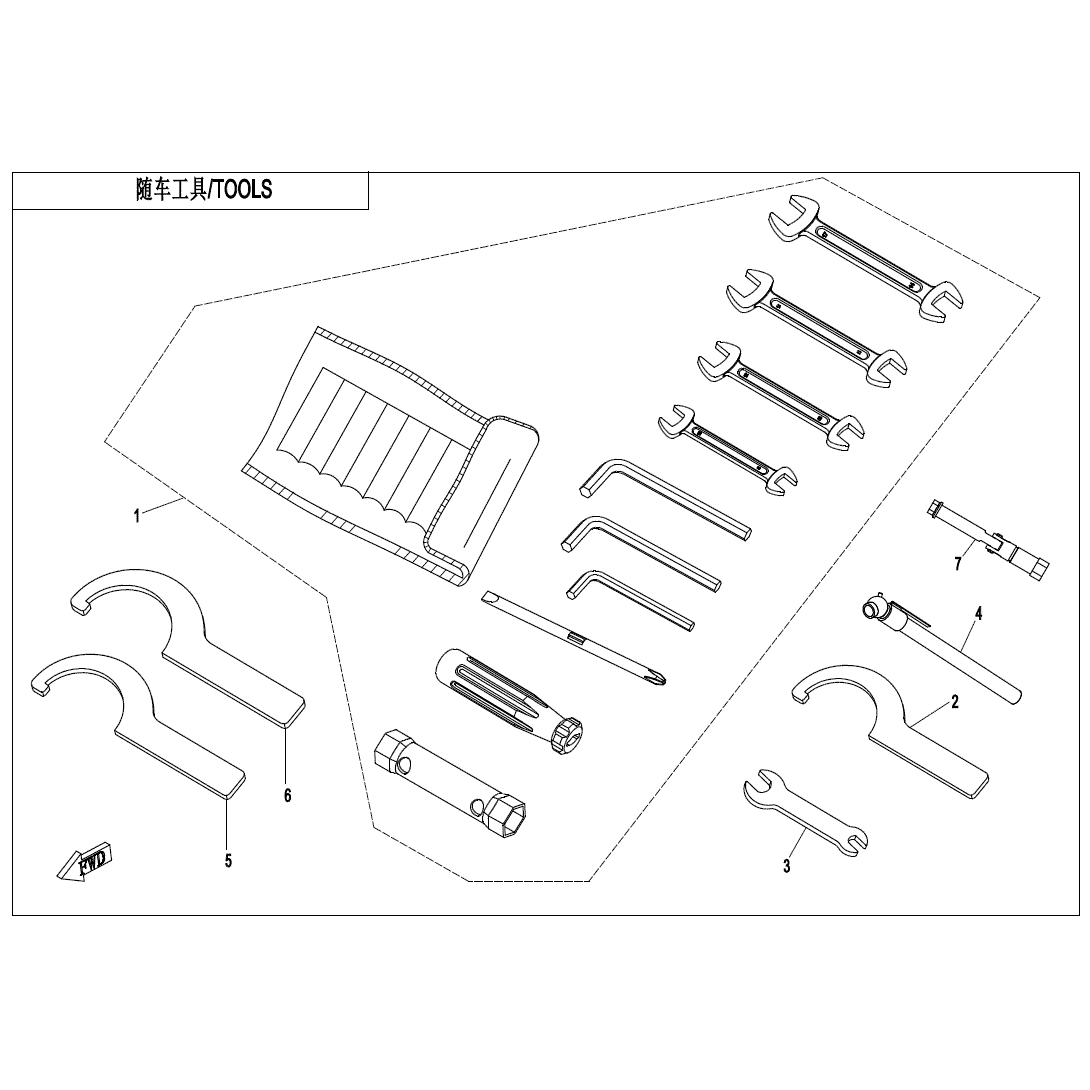 An Image of a genuine CFMOTO Parts Schematic Diagram showing the group - TOOLS (NA) - 2021 CFMOTO CFORCE 800 XC