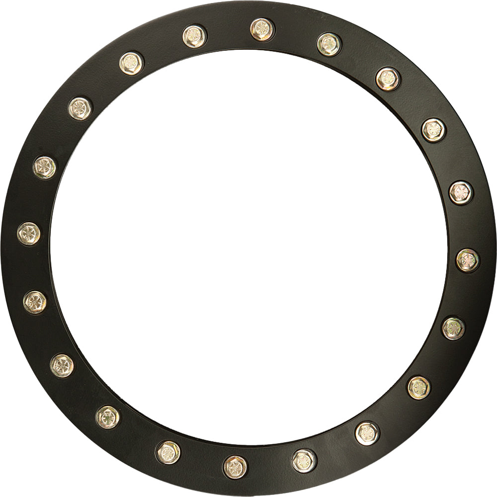 The Raceline ATV/UTV Beadlock Replacement Ring, 14-inch Black Mamba/Storm, features a black circular design with evenly spaced round light accents, shown against a white background.