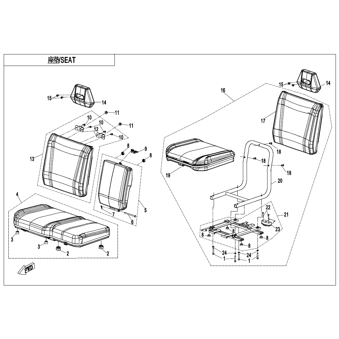 An Image of a Genuine CFMOTO Parts Schematic Diagram showing the schematic - SEAT (NON HEATING EQUIPMENT) - 2021 CFMOTO UFORCE 1000