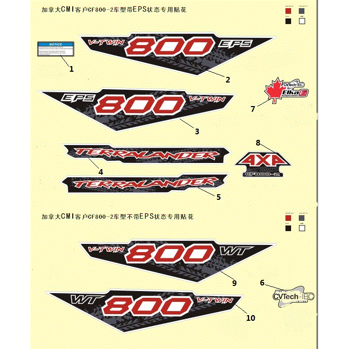 An Image of a genuine CFMOTO Parts Schematic Diagram showing the group - FUEL TANK DECALS (CANADA CMI) - 2017 CFMOTO CFORCE 800
