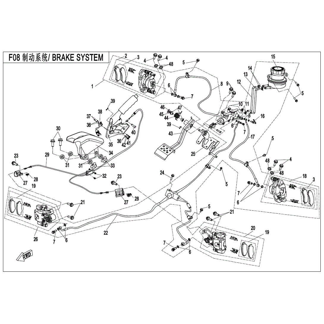 An Image of a Genuine CFMOTO Parts Schematic Diagram showing the schematic - BRAKE SYSTEM - 2020 CFMOTO ZFORCE 500