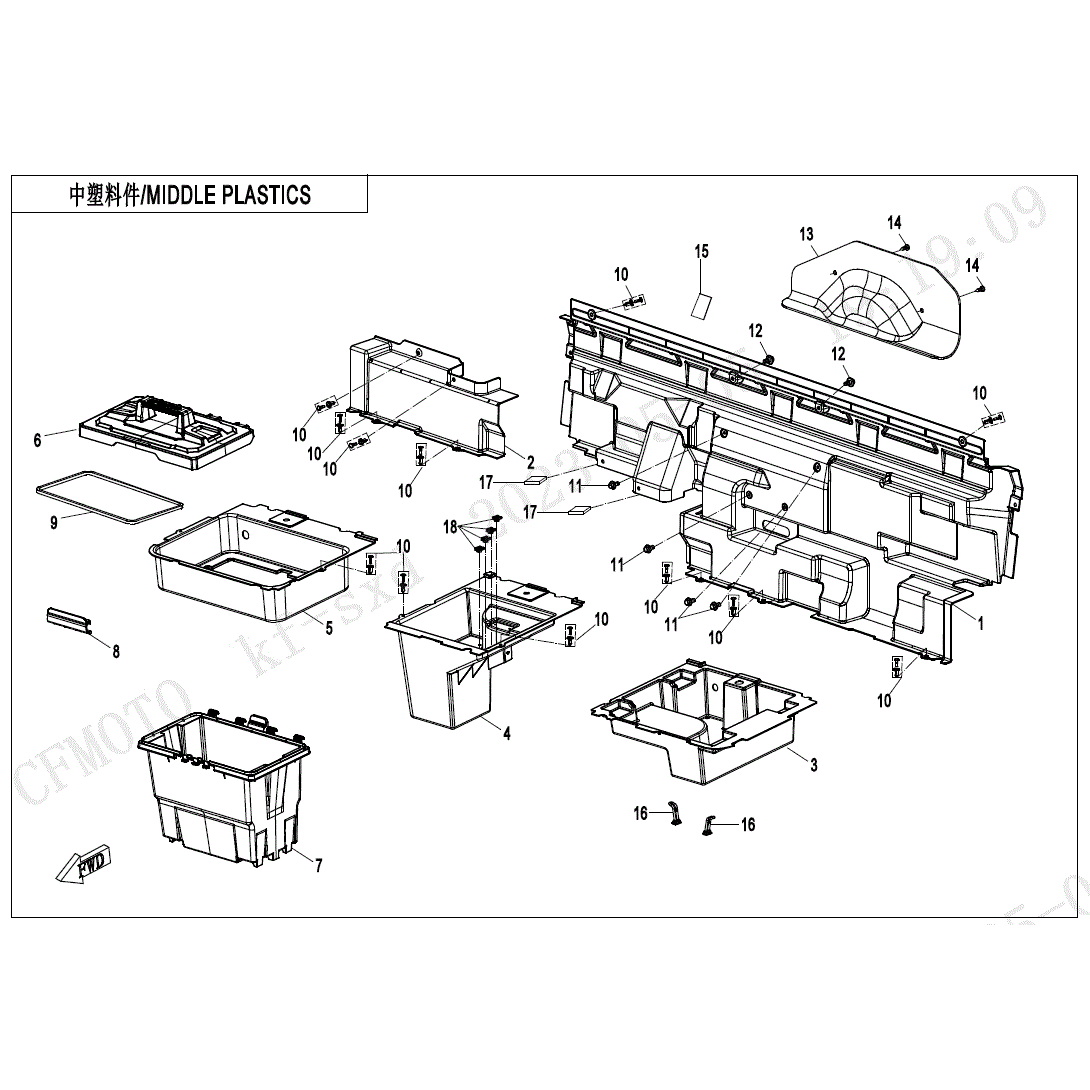 An Image of a Genuine CFMOTO Parts Schematic Diagram showing the schematic - MIDDLE PLASTICS - 2024 CFMOTO UFORCE 1000