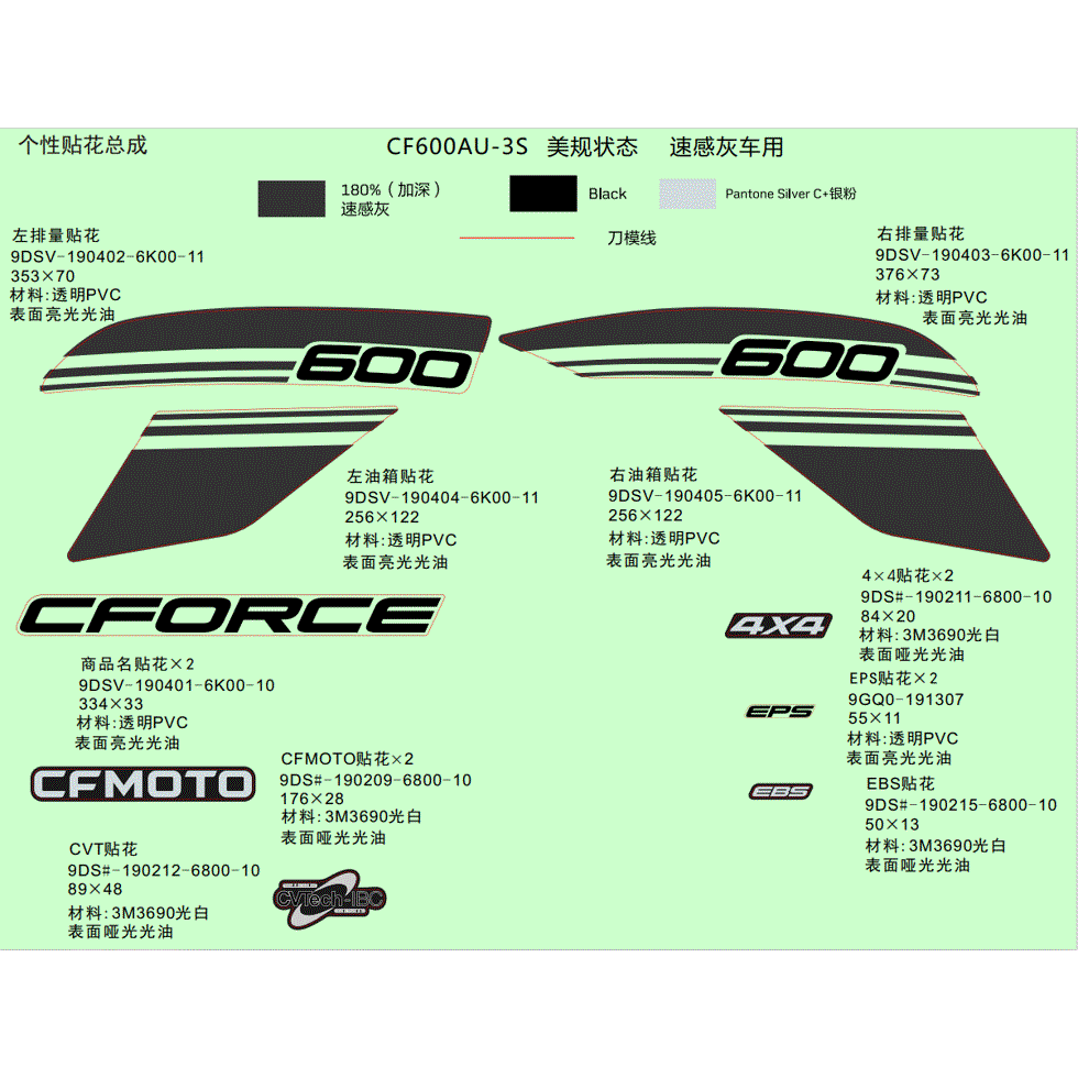An Image of a genuine CFMOTO Parts Schematic Diagram showing the group - DECAL KIT (VELOCITY GREY) - 2022 CFMOTO CFORCE 600