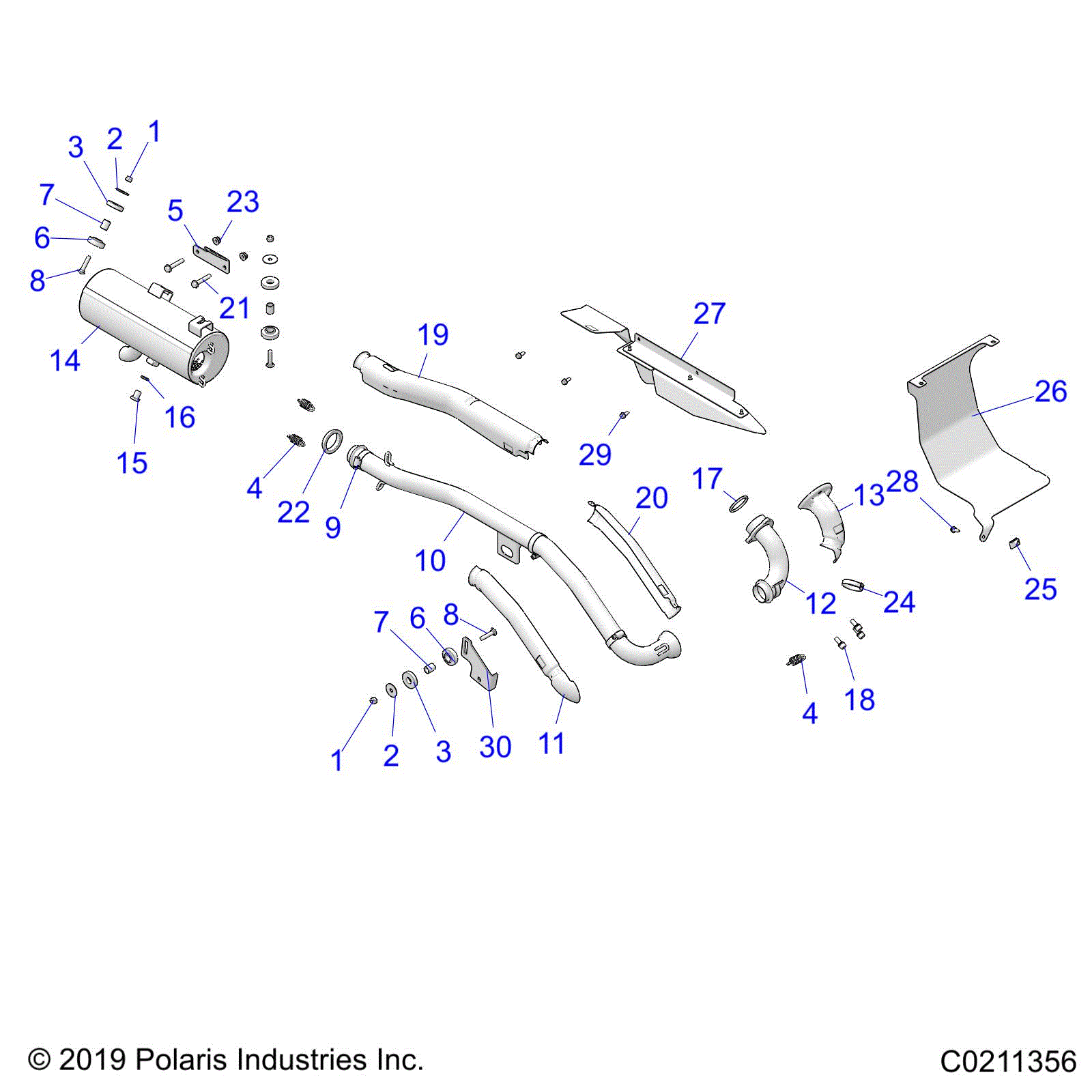 An Image of a Genuine Polaris Parts Schematic Diagram showing the schematic - ENGINE: EXHAUST - 2020 POLARIS SPORTSMAN 570 6X6