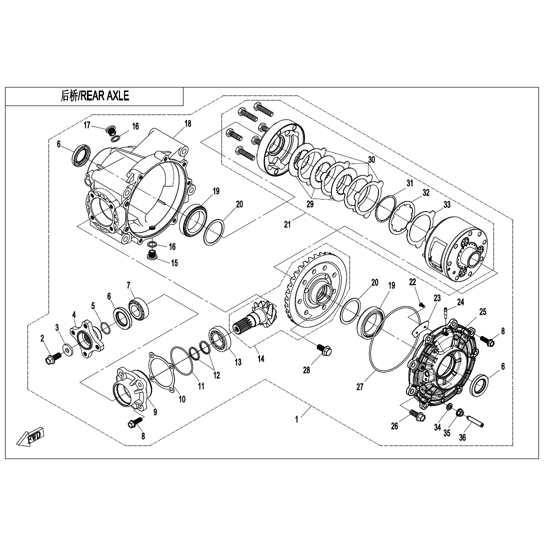 An Image of a Genuine CFMOTO Parts Schematic Diagram showing the schematic - REAR AXLE (WITH DIFFERENTIAL) - 2023 CFMOTO UFORCE 600