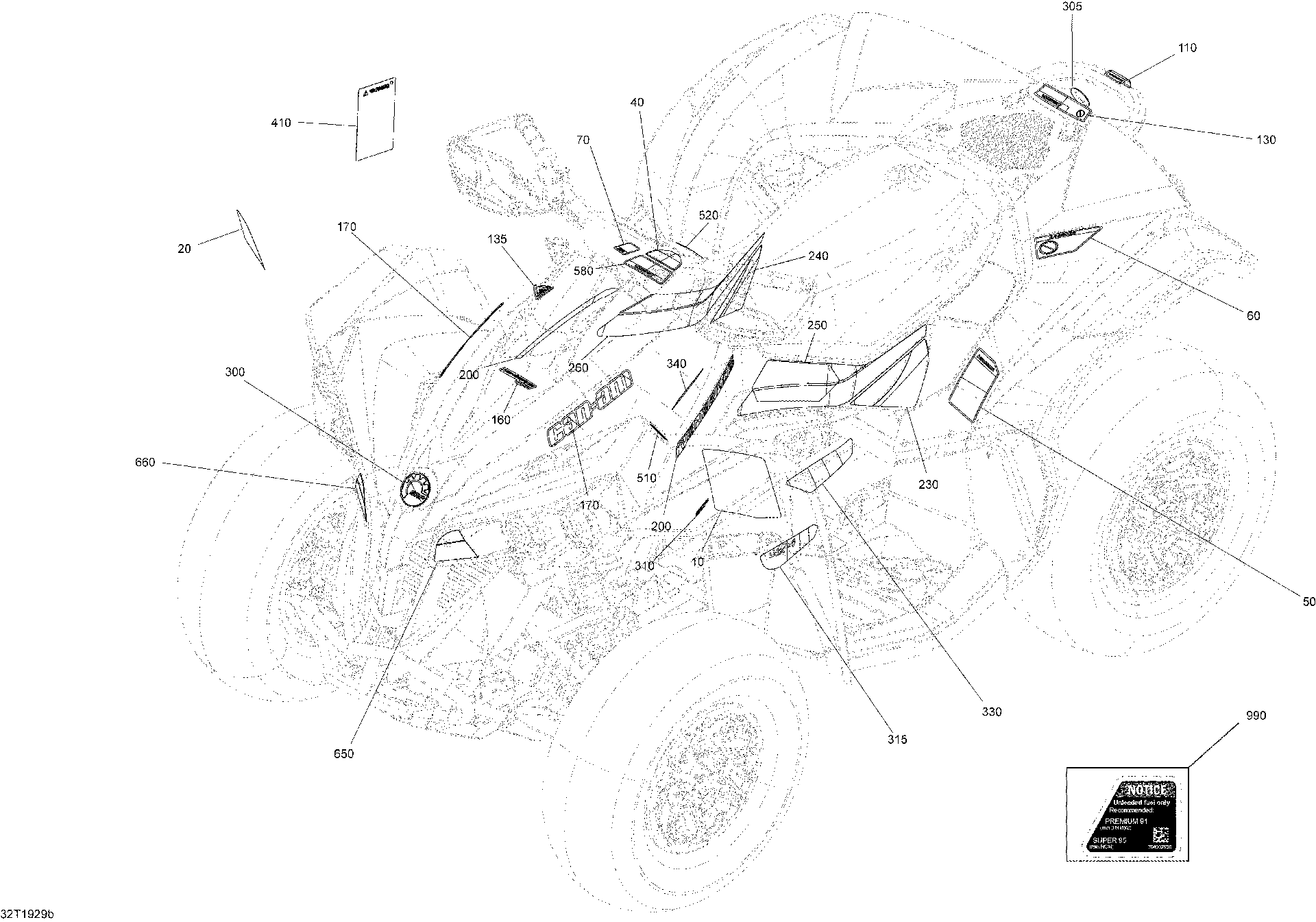 An Image of a Genuine Can-Am Parts Schematic Diagram showing the schematic - DECALS X XC