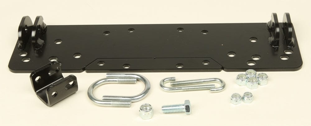 The Honda Foreman TRX400FW Provantage Center Snow Plow Mounting Kit by Warn includes a black metal plate with multiple holes, U-bolts, nuts, washers, a hook bolt, and two brackets—perfect for plowing and high ground clearance.
