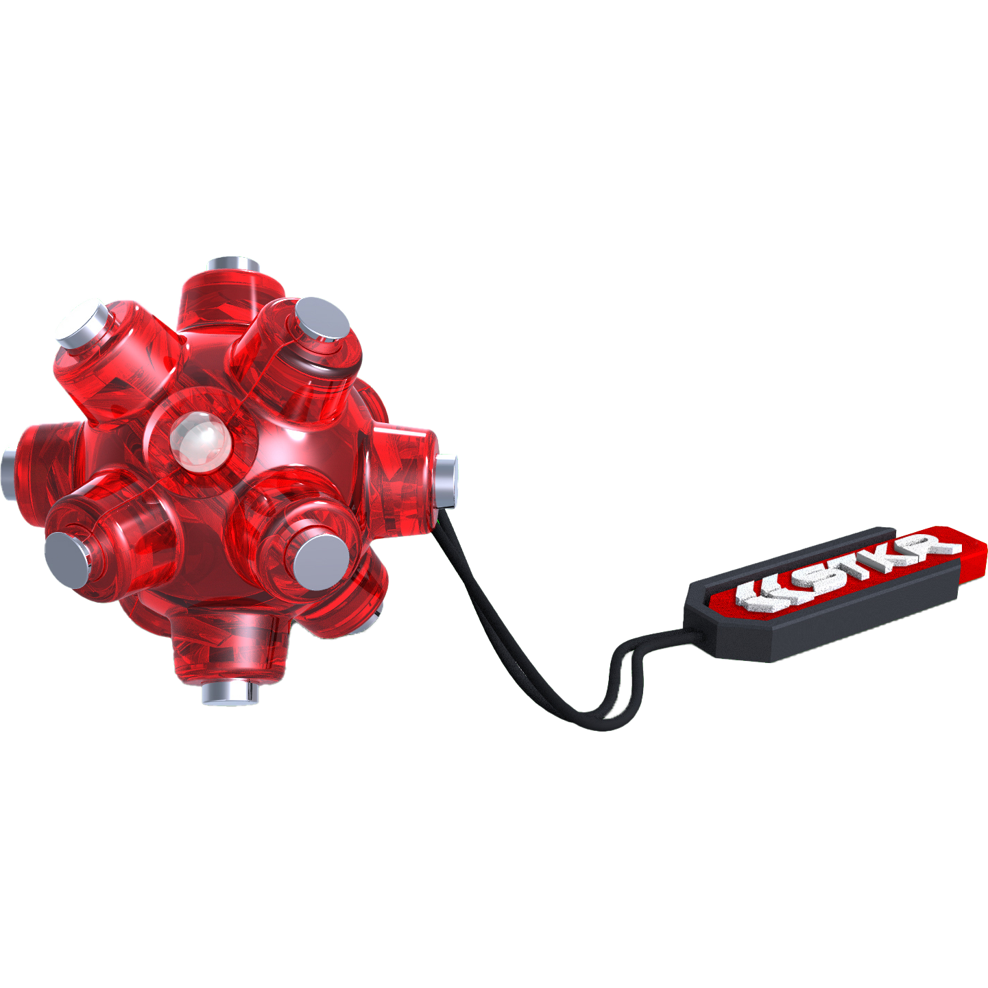 The Magnetic Light Mine by STKR is a red, spiky, spherical, translucent plastic light with metallic tips and a black SKR tag—perfect for use as an engine compartment light.
