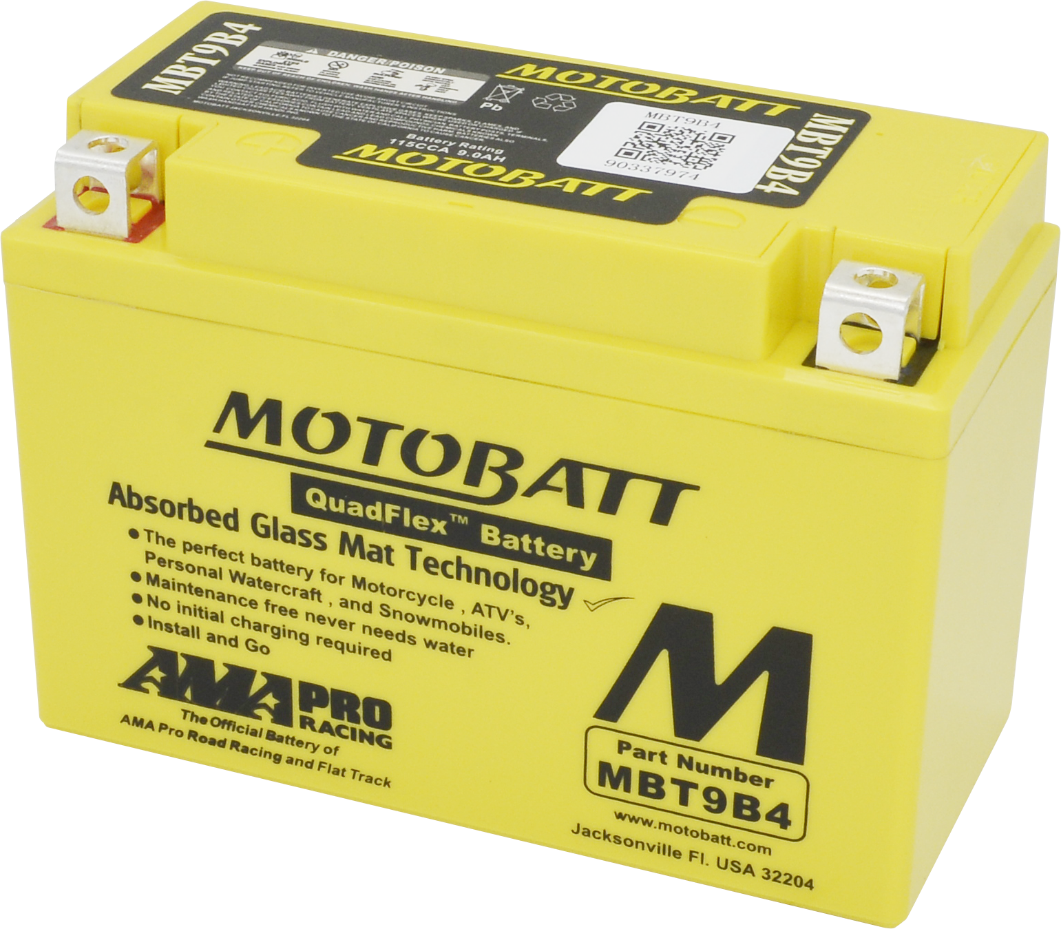 The Mbt9B4 Sealed Factory Activated AGM Battery by MotoBatt is a yellow battery with black text for motorcycles, ATVs, and snowmobiles. It features maintenance-free AGM technology, metal top terminals, and product info on the front.