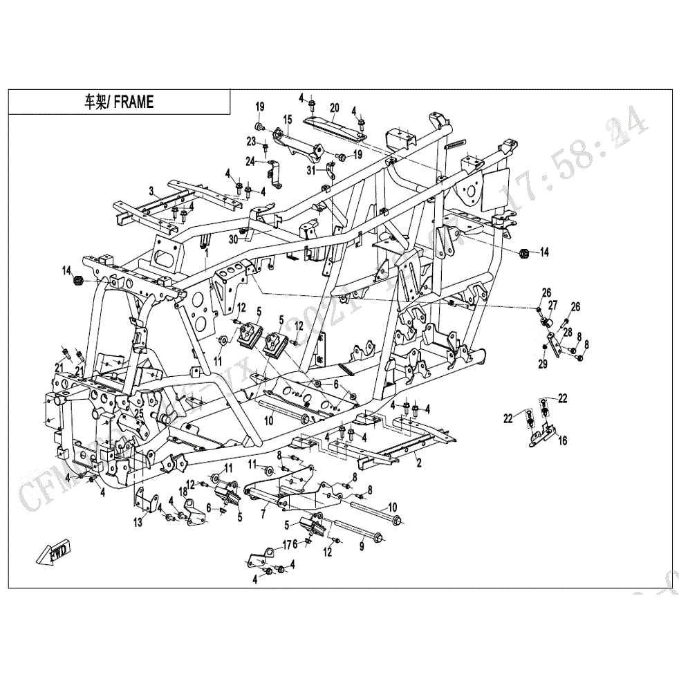 An Image of a genuine CFMOTO Parts Schematic Diagram showing the group - FRAME - 2022 CFMOTO CFORCE 400
