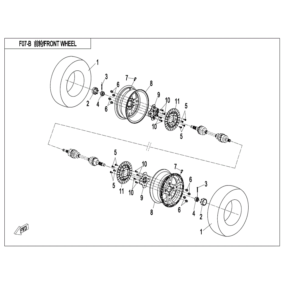 An Image of a Genuine CFMOTO Parts Schematic Diagram showing the schematic - FRONT WHEEL - 2022 CFMOTO ZFORCE 800 Trail