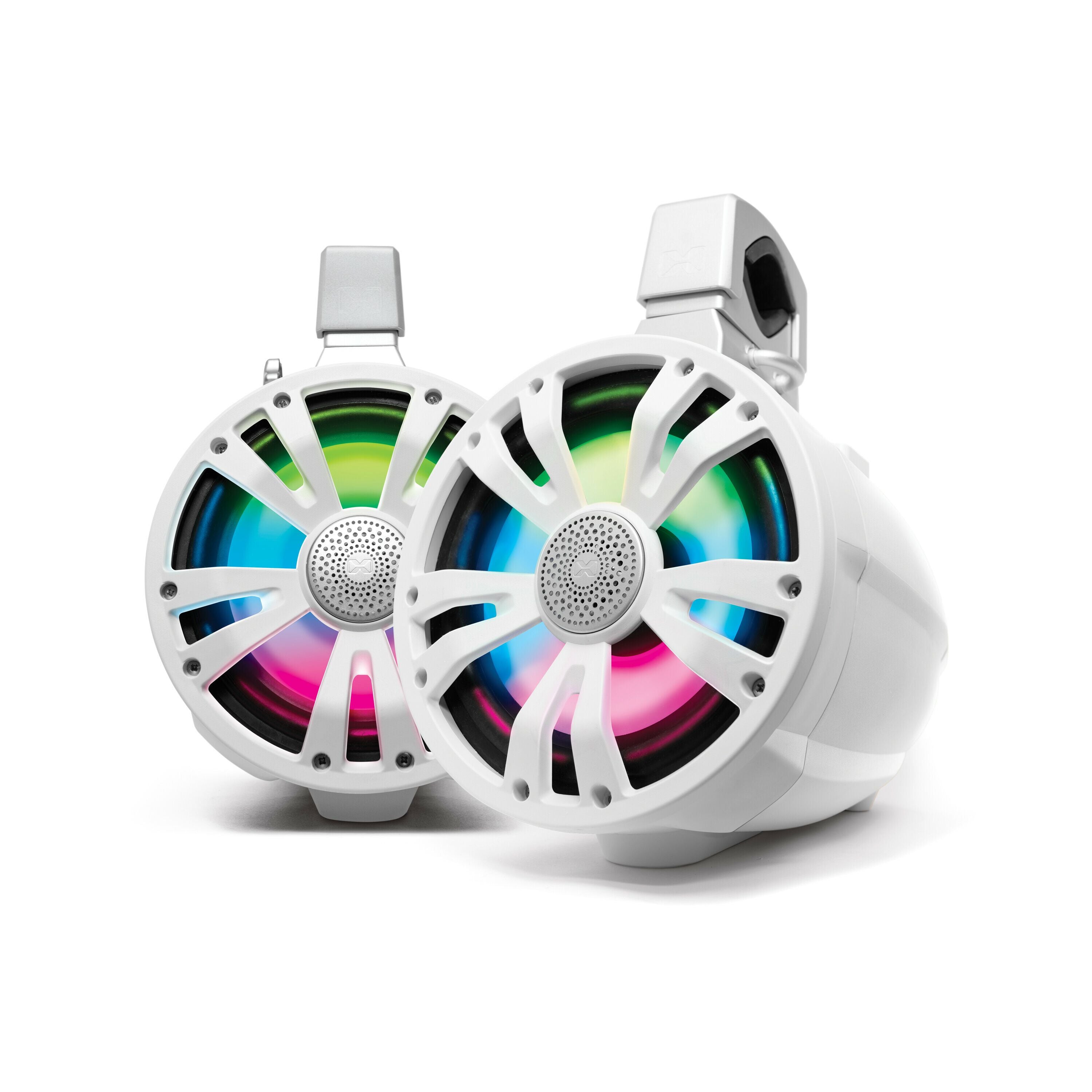 The Extreme Tower 2-Pack 8 Non-Amplified Speakers in white by EcoXGear feature round waterproof marine speakers with protective grills, mounting brackets, and RGB LED lights in green, pink, blue, and yellow for stylish versatility.