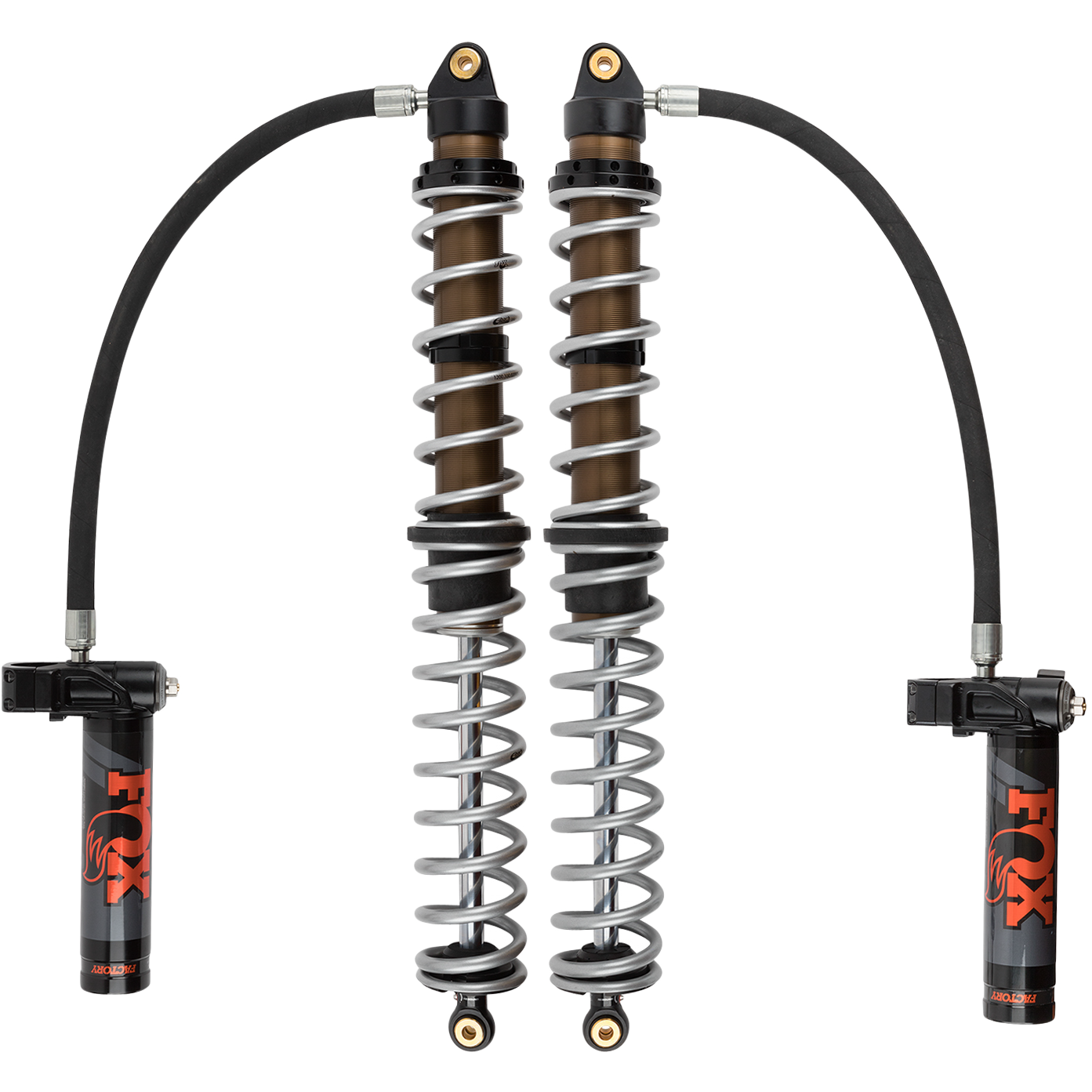 Two Polaris RZR XP (2 Seat) Front 2.0 Podium RC2 Shocks by Fox, each with coil springs and piggyback reservoirs connected by hoses, are shown vertically side by side against a white background.