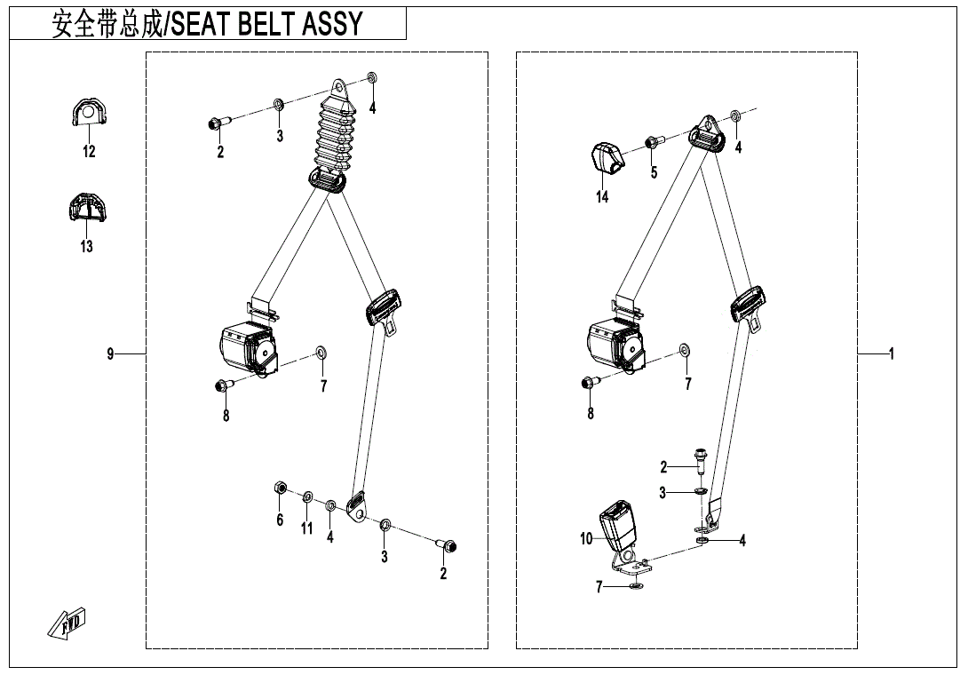 Diagram showing labeled parts of the Passenger Safety Belt Latch by CF Moto, including retractor mechanisms, seat belt straps, buckles, bolts, and more for ATV/UTV. Both left and right sides shown; text in Chinese and English. Witchdoctors.com.