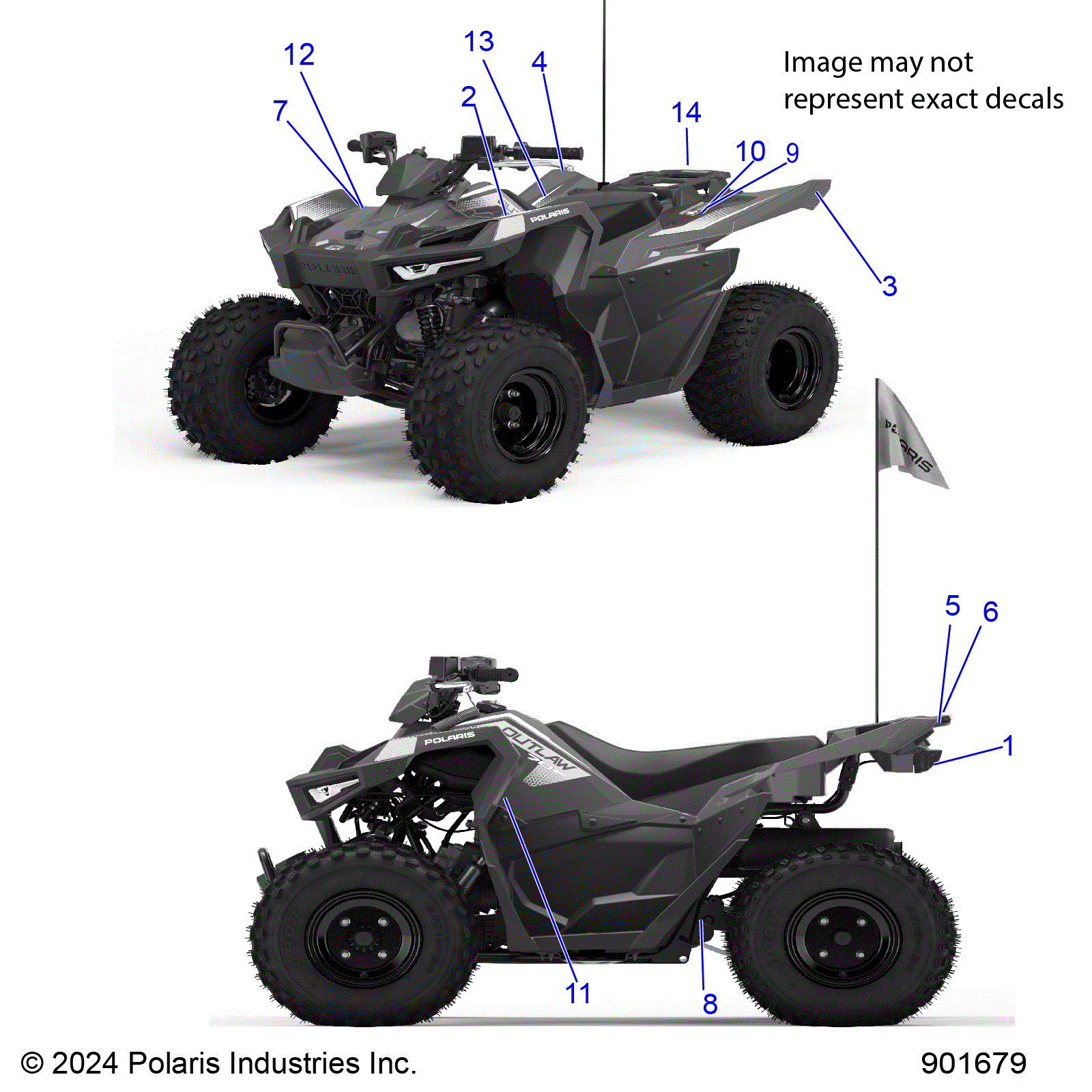 An Image of a Genuine Polaris Parts Schematic Diagram showing the schematic - BODY: DECALS WARNING AND REFLECTORS - 2025 POLARIS OUTLAW 70