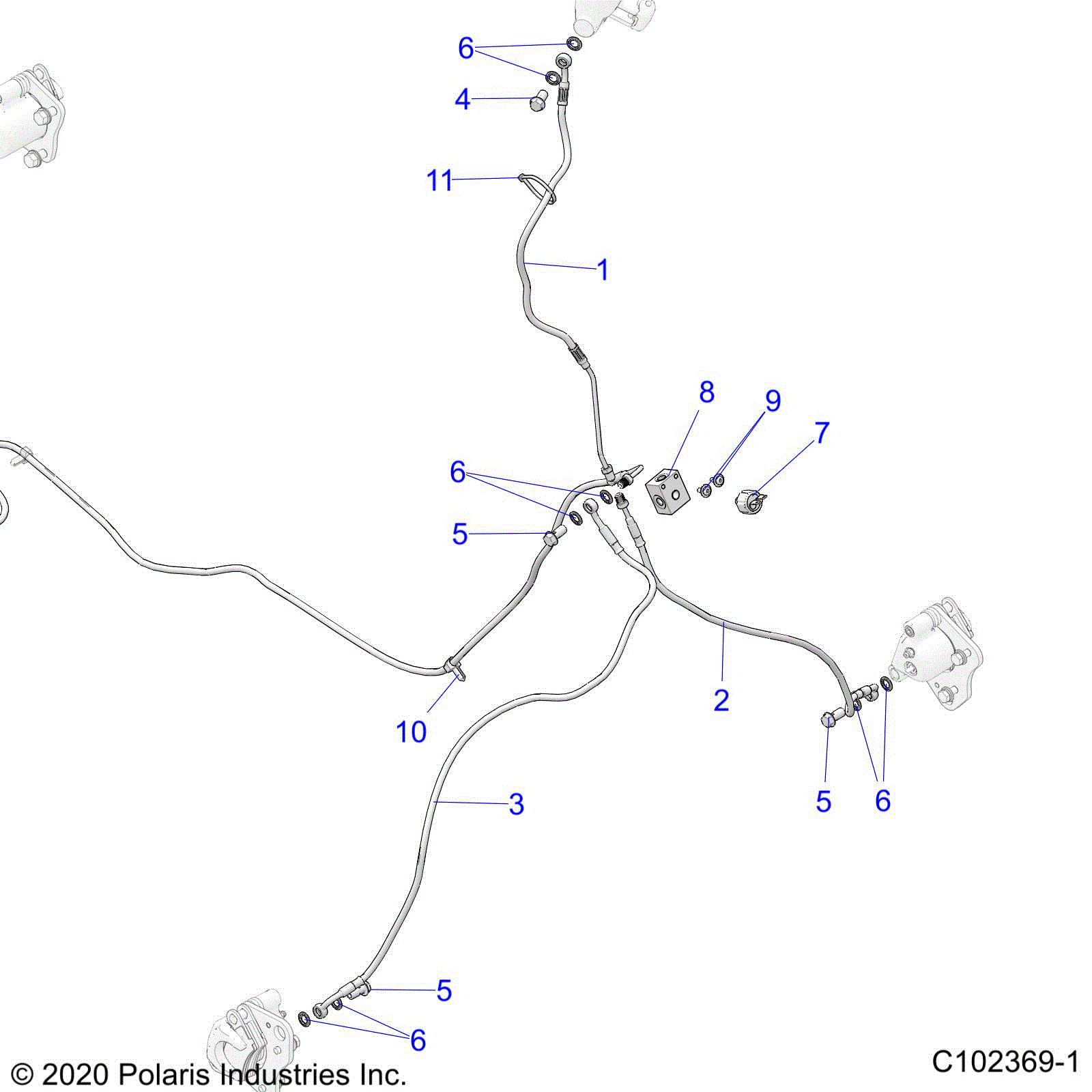 An Image of a Genuine Polaris Parts Schematic Diagram showing the schematic - BRAKES: BRAKE LINES FRONT - 2021 POLARIS SPORTSMAN 570 X2