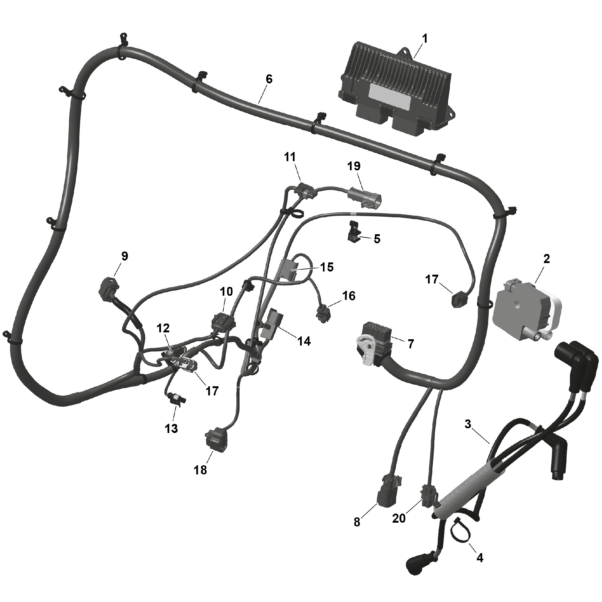 An Image of a Genuine Can-Am Parts Schematic Diagram showing the schematic - ROTAX - ENGINE HARNESS AND ELECTRONIC MODULE