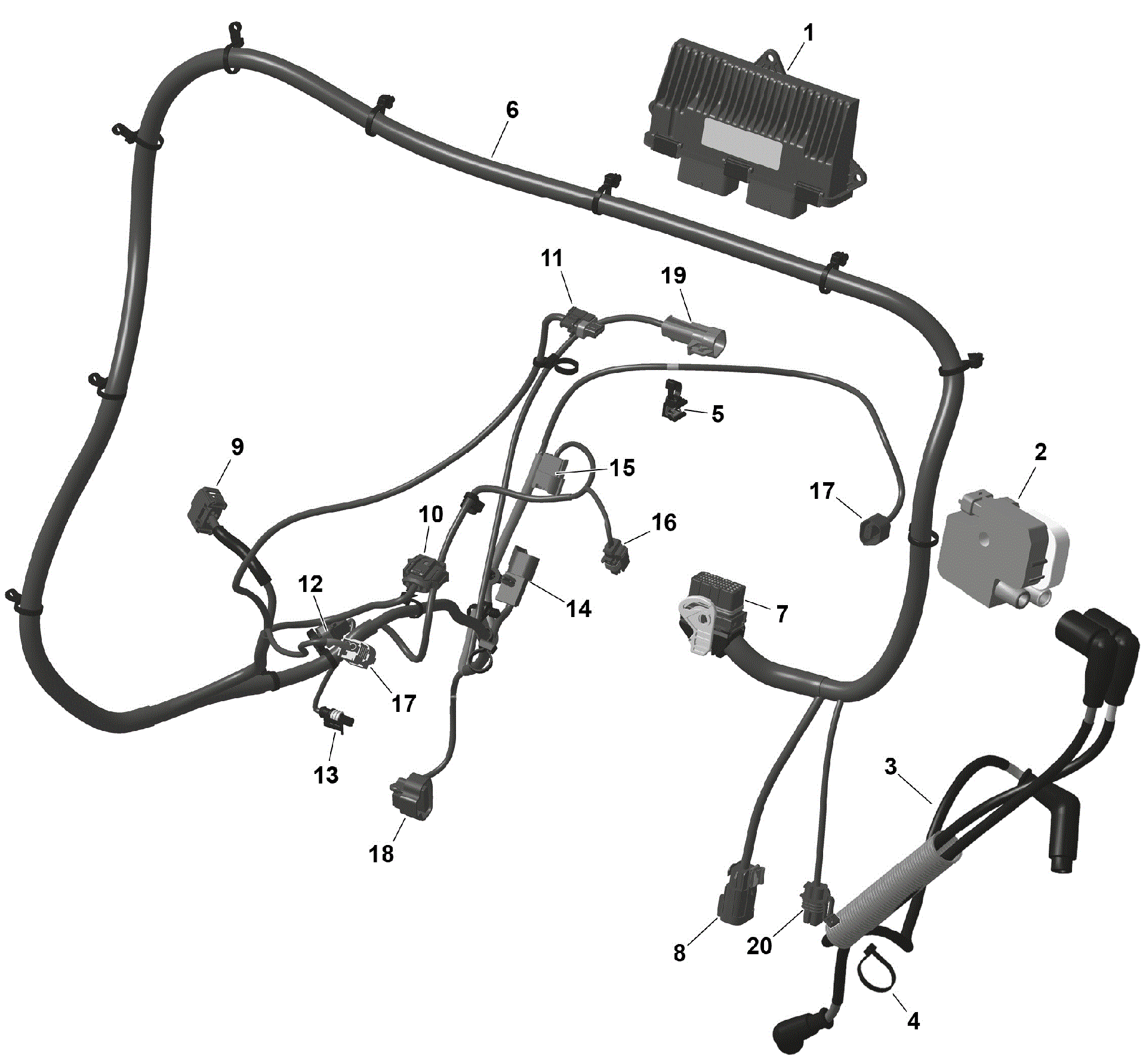 An Image of a Genuine Can-Am Parts Schematic Diagram showing the schematic - ROTAX - ENGINE HARNESS AND ELECTRONIC MODULE