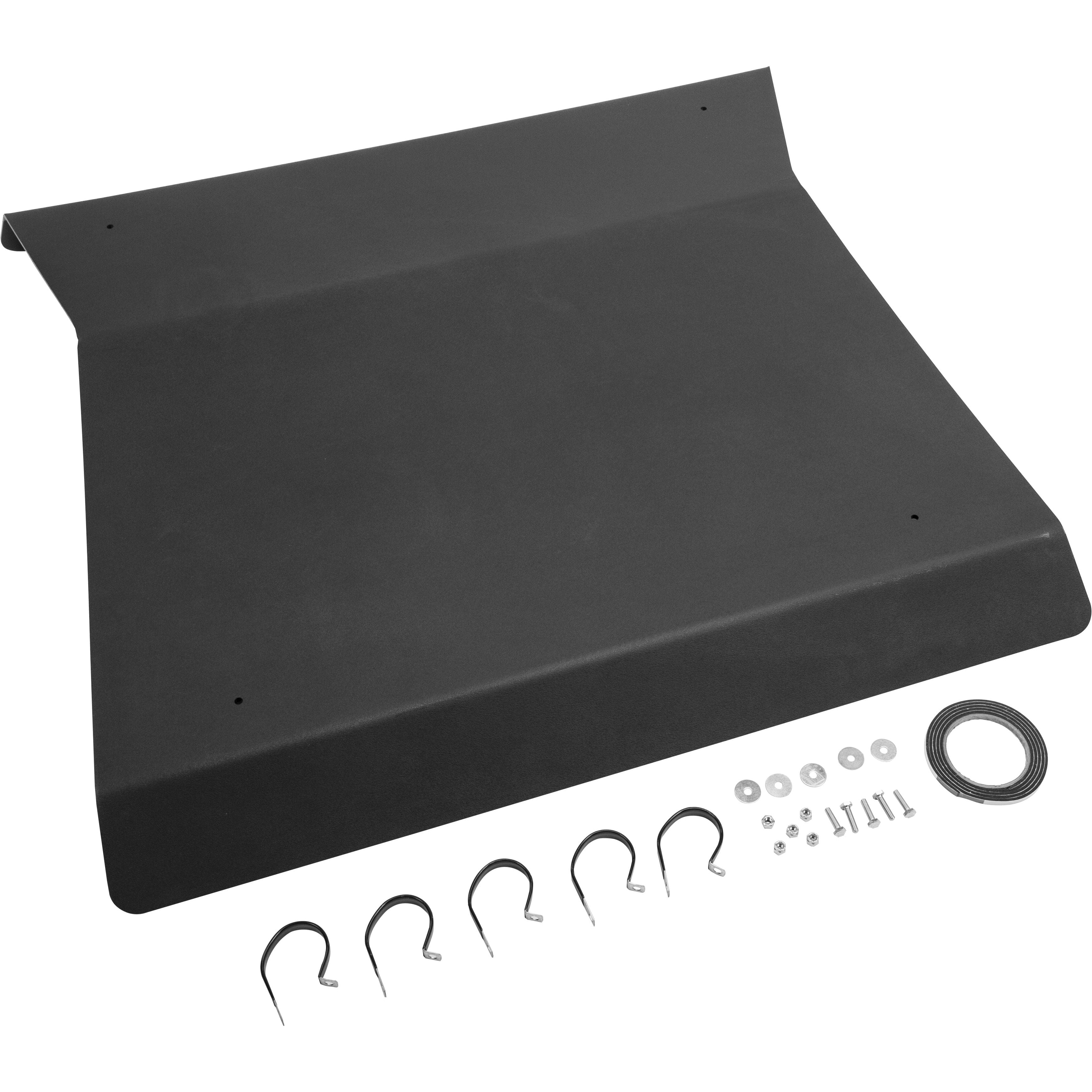 Polaris RZR UTV Smooth Roof by Open Trail comes with installation hardware—hooks, washers, screws, adhesive strip roll, and galvanized steel clamps for enhanced durability—all arranged neatly beneath the main rubber flap.