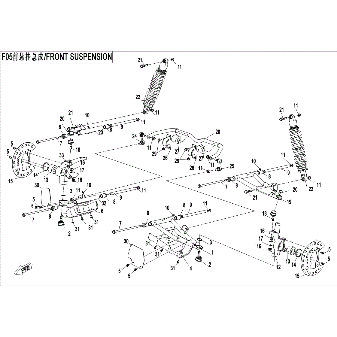 An Image of a Genuine CFMOTO Parts Schematic Diagram showing the schematic - FRONT SUSPENSION - 2017 CFMOTO UFORCE 800 EPS