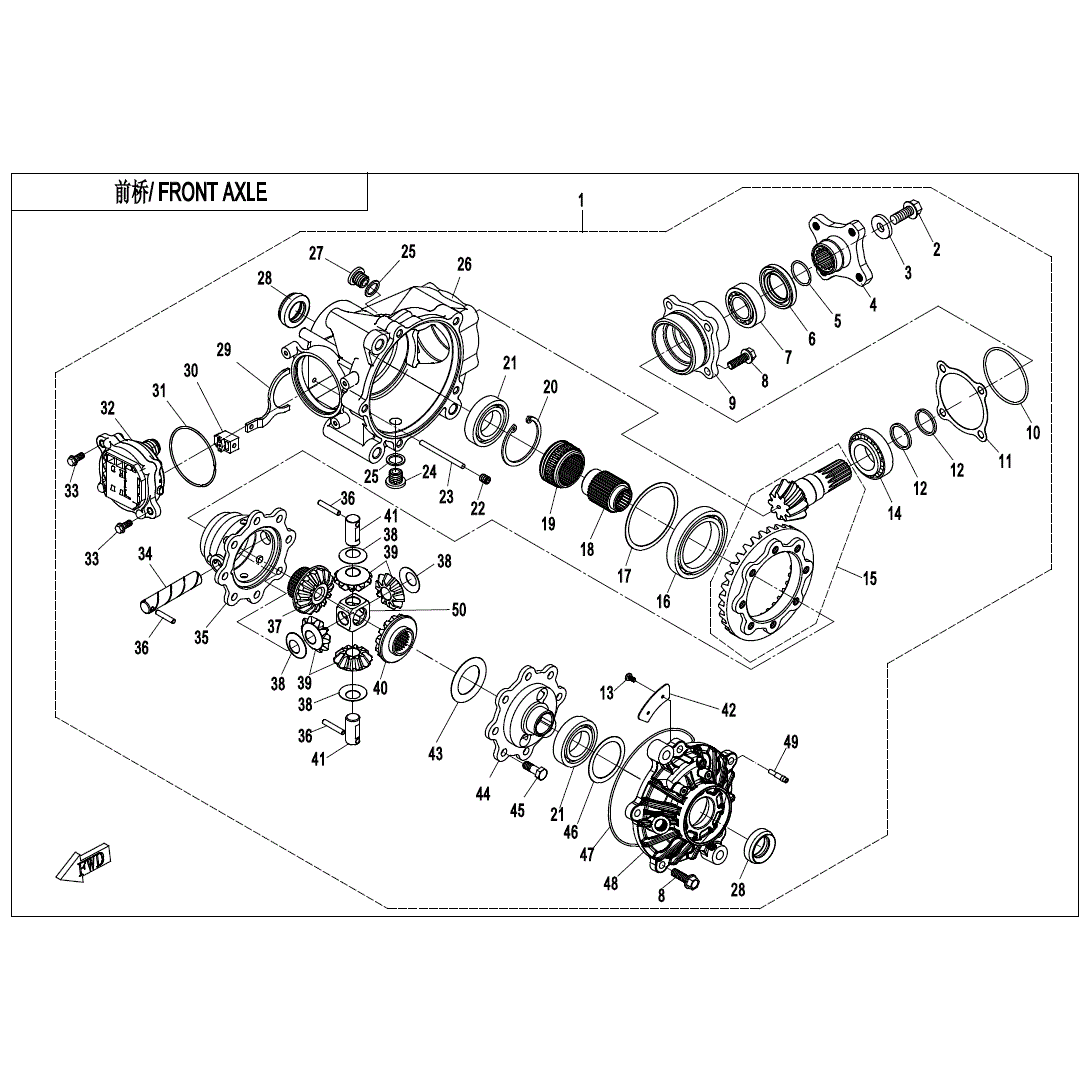 An Image of a genuine CFMOTO Parts Schematic Diagram showing the group - FRONT AXLE - 2023 CFMOTO CFORCE 800 XC