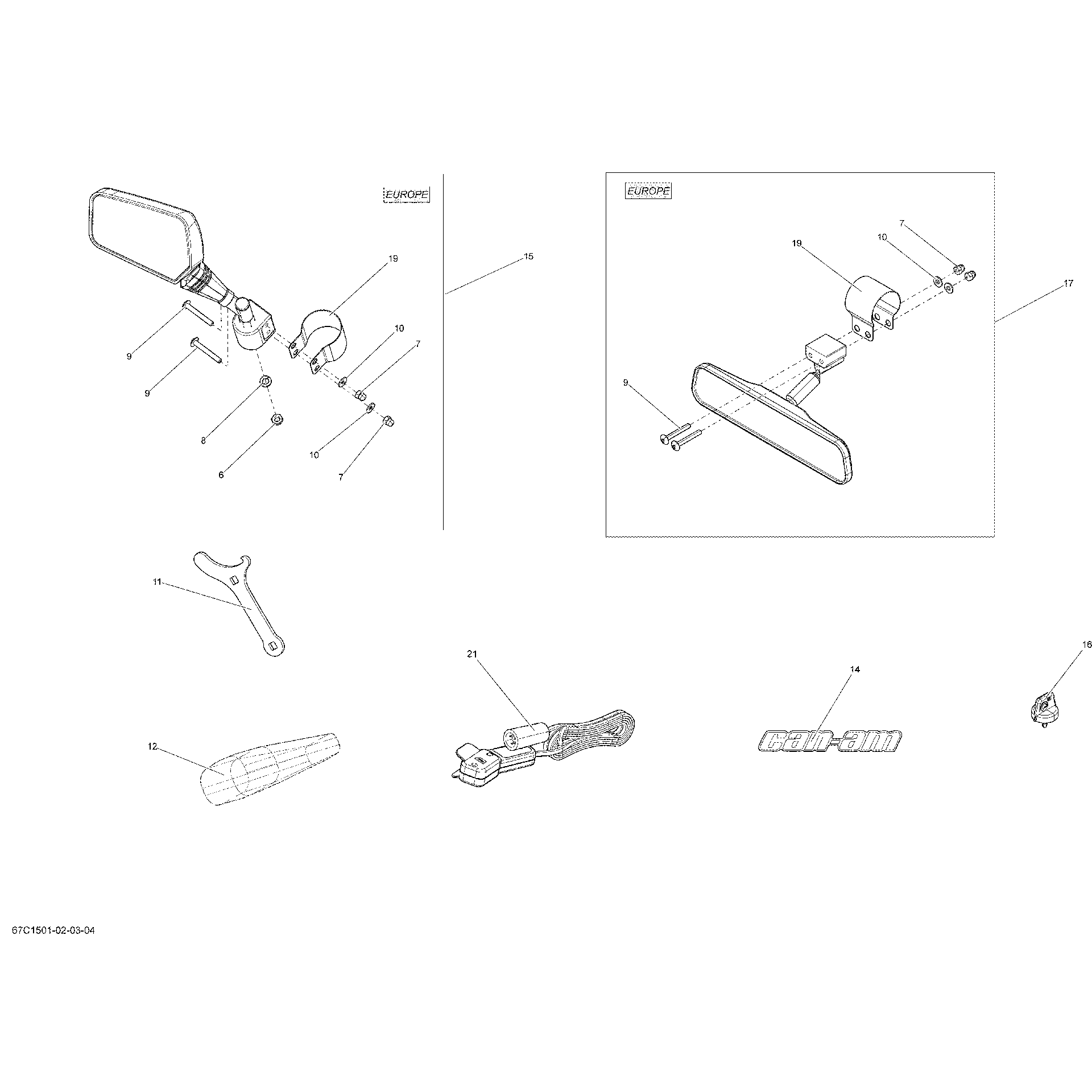 An Image of a Genuine Can-Am Parts Schematic Diagram showing the schematic - MIRRORS AND TOOLS _67C1505