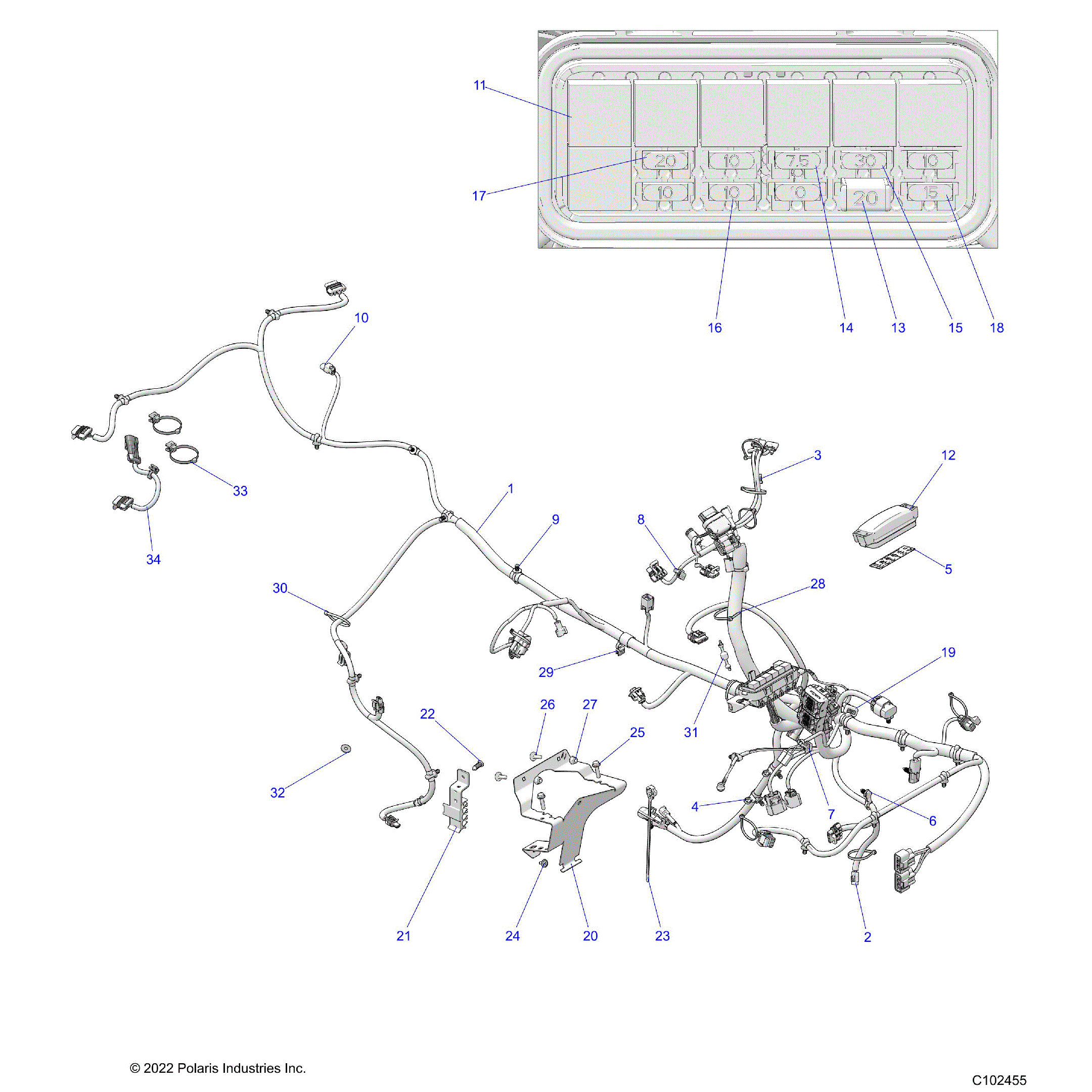 An Image of a Genuine Polaris Parts Schematic Diagram showing the schematic - ELECTRICAL: MAIN WIRE HARNESS - 2023 POLARIS SPORTSMAN 570 TRAIL EBS LE RC