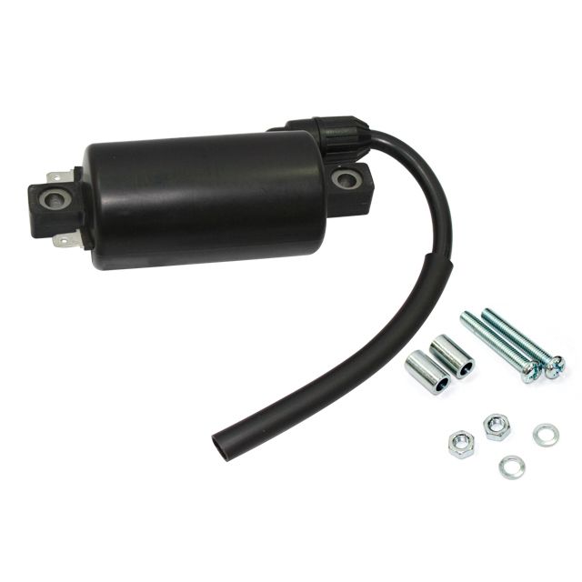 The Kawasaki KLT200/Bayou Ignition Coil by Bronco, shown with attached wire, two bolts, two nuts, and two metal sleeves on a white background, is perfect for ATV/UTV use and delivers reliable performance.