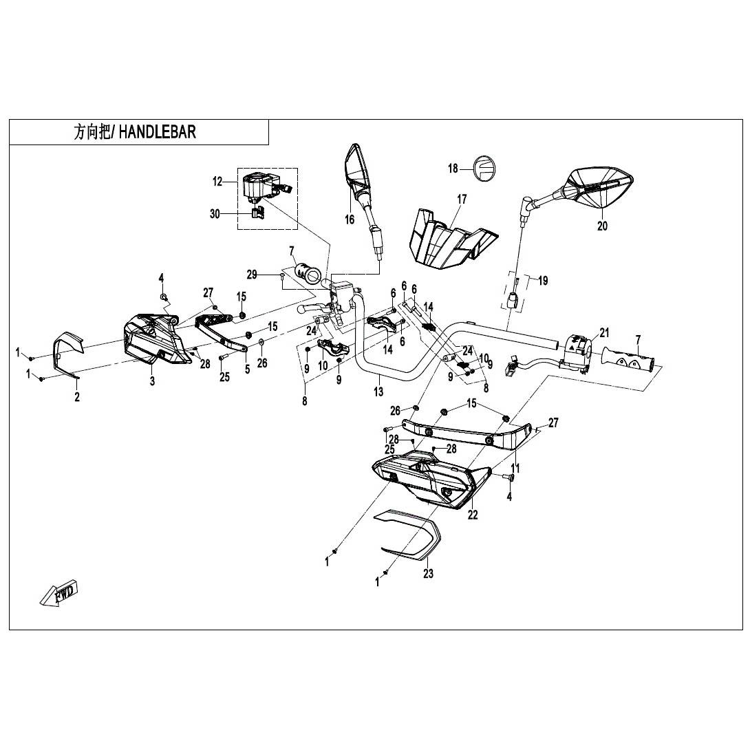 An Image of a genuine CFMOTO Parts Schematic Diagram showing the group - HANDLEBAR - 2024 CFMOTO CFORCE 600