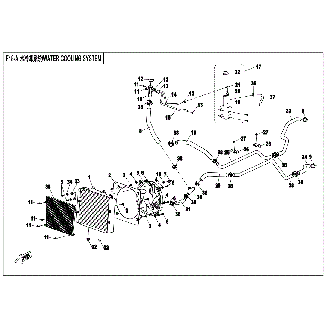 An Image of a Genuine CFMOTO Parts Schematic Diagram showing the schematic - WATER COOLING SYSTEM - 2022 CFMOTO UFORCE 800