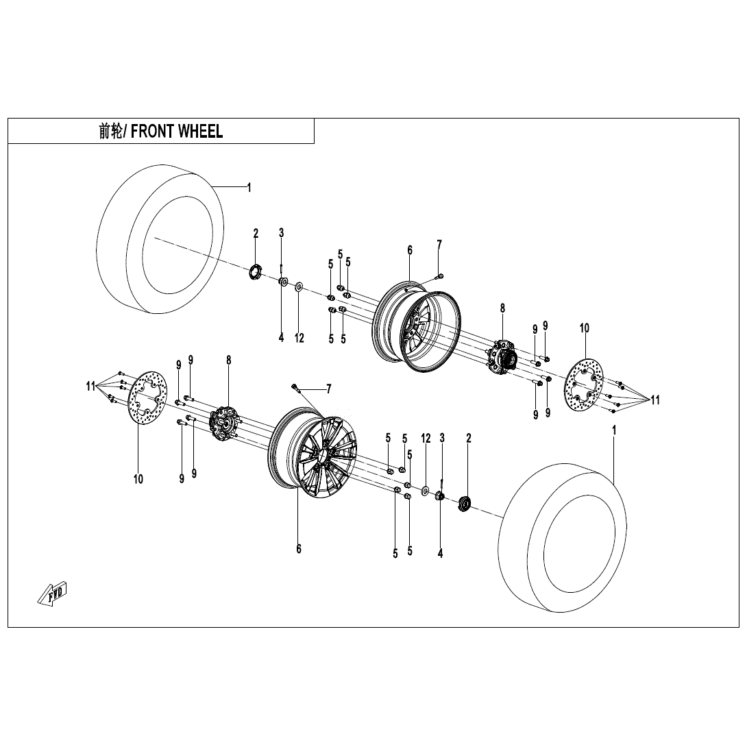 An Image of a Genuine CFMOTO Parts Schematic Diagram showing the schematic - FRONT WHEEL - 2025 CFMOTO UFORCE U10XL PRO HIGHLAND