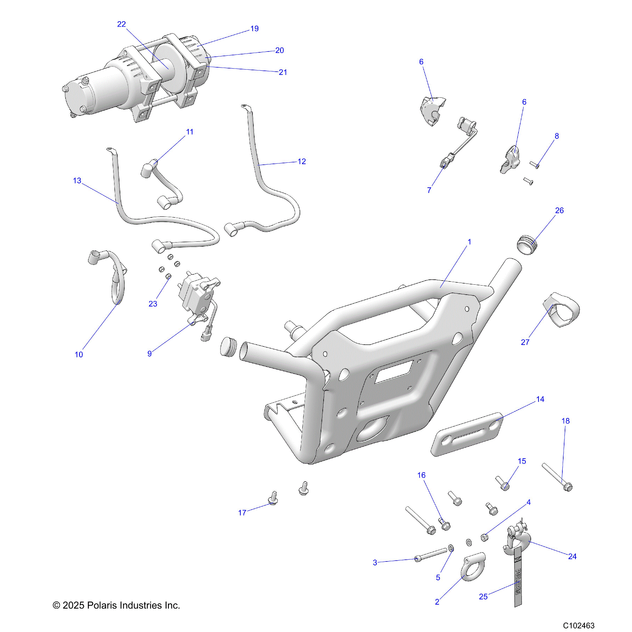 An Image of a Genuine Polaris Parts Schematic Diagram showing the schematic - BODY: FRONT BUMPER WINCH and MOUNTING - 2023 POLARIS SPORTSMAN XP 1000 HIGH LIFTER