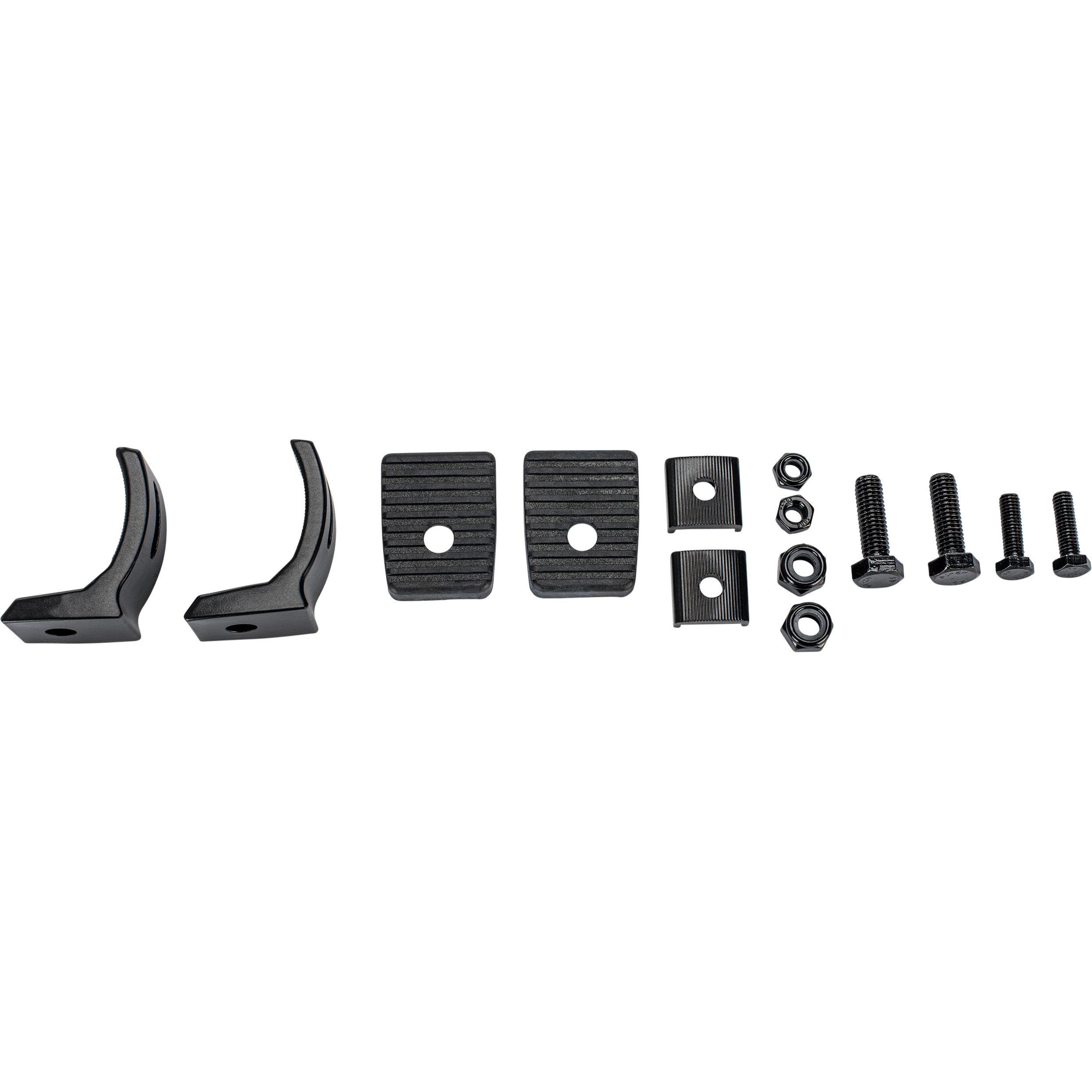The Sliding Bracket For Slimline Pair by Open Trail is shown in a straight line on a white background, featuring two curved handles, two textured pads, four screws, two metal plates, and four nuts—all in black hardware.