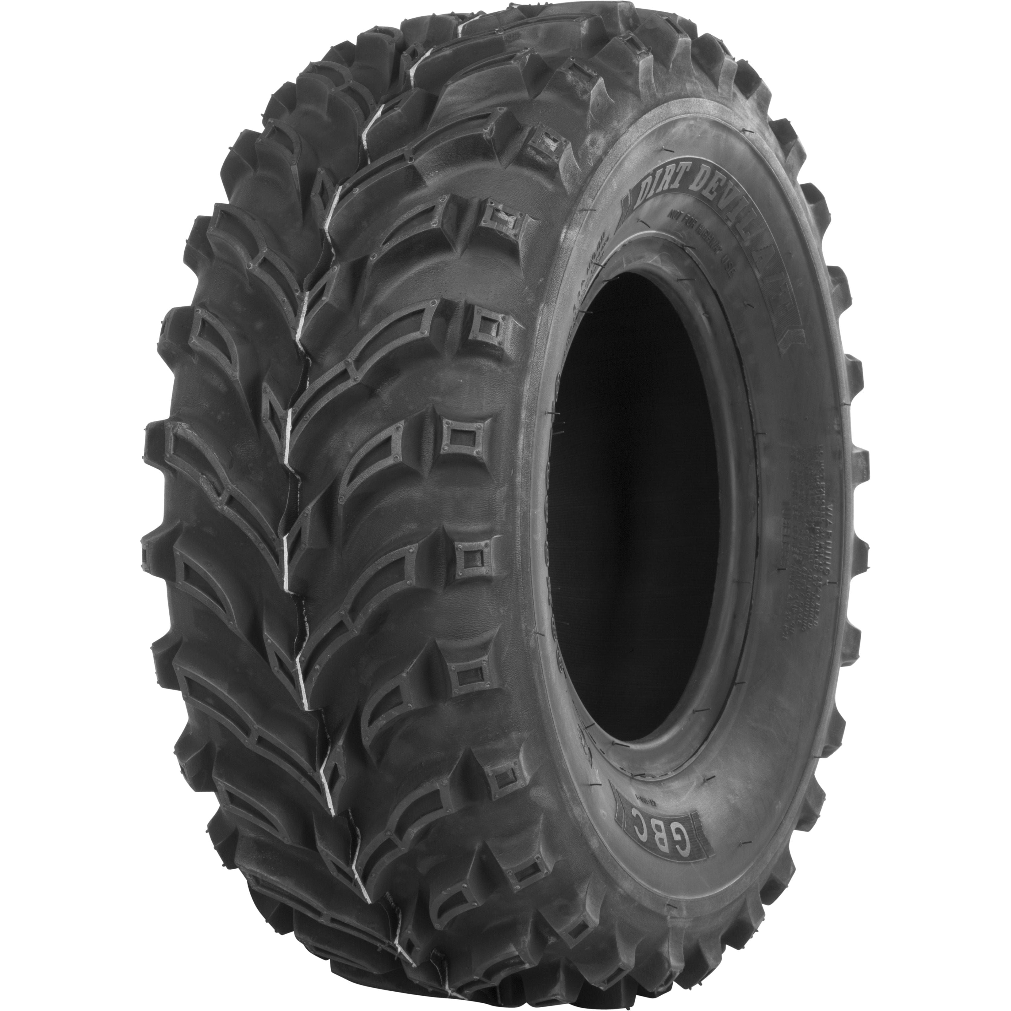 The Tire Dirt Devil A/T Front 22X8-10 Bias Lr275Lbs by GBC stands upright on a white background, featuring an aggressive tread pattern for superior grip—perfect for rugged terrain and all-terrain vehicles.